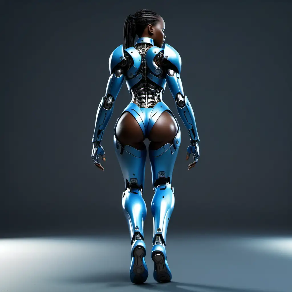  full body image   female african American  steel blue android with , back turn,  walking ,fantasy , semi realistic