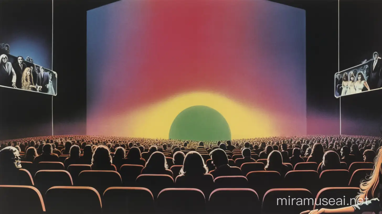 1970s Italian Horror Movie Night Crowded Theater with Vivid Lights