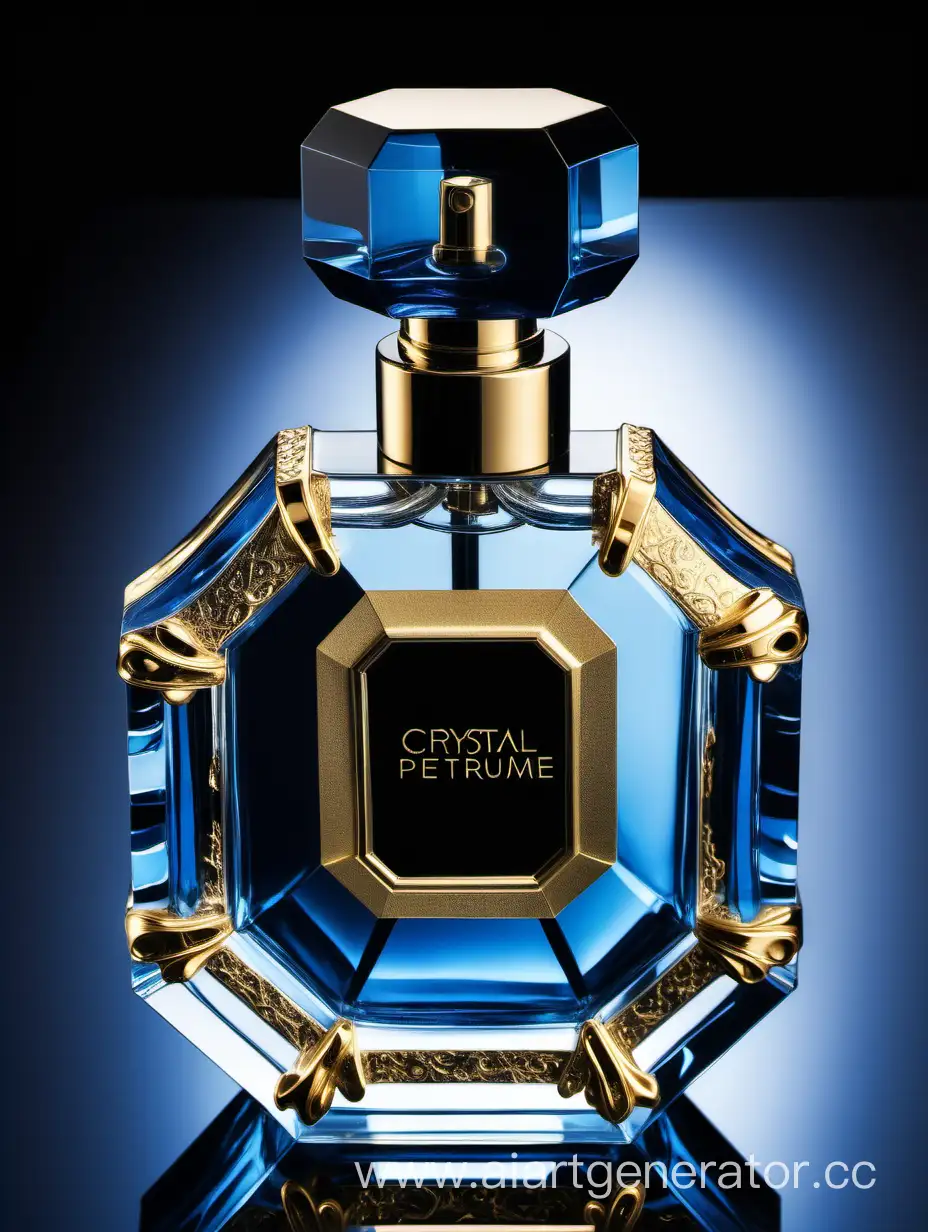 Elegant-Crystal-Clear-Perfume-Bottle-in-Blue-Black-and-Gold-Transparency