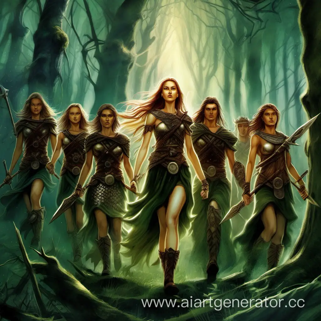 девушка лесавка ведёт через лес пять вооружённых воинов, обложка книги, лес, славяне, фентези, красиво, завораживающе