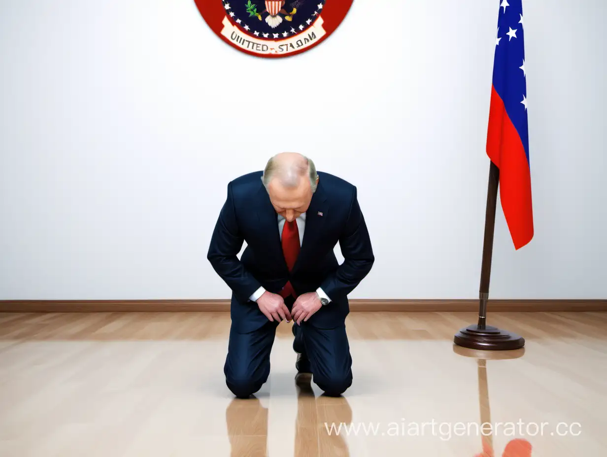 Президен Владимир Владимирович на коленях. Флаг США