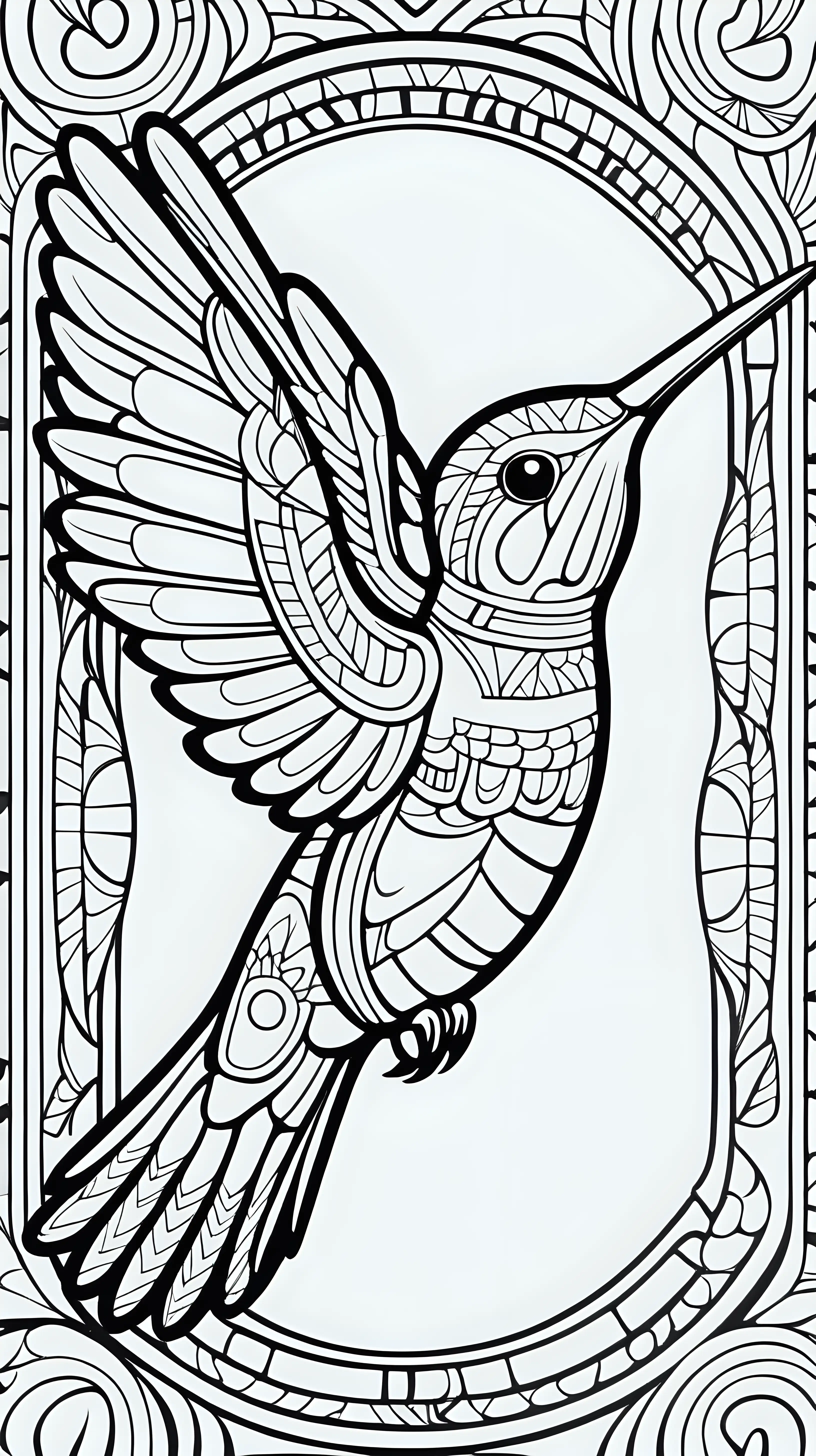 Hummingbird totem symbolizing joy and healing, inspired by the Hopi tribe, coloring book image, clean thick black lines