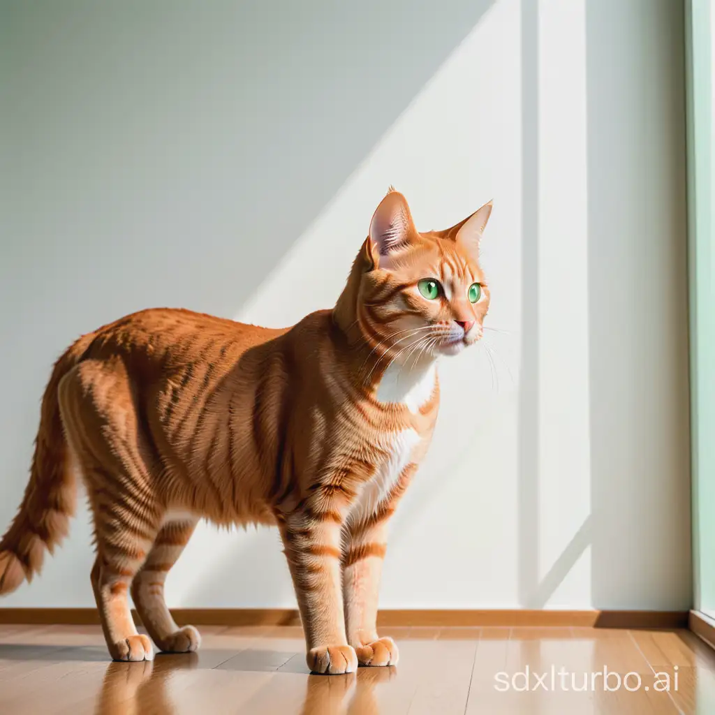 orange cat with pale green eyes looking on a 45 degree angle from the image in a blank room