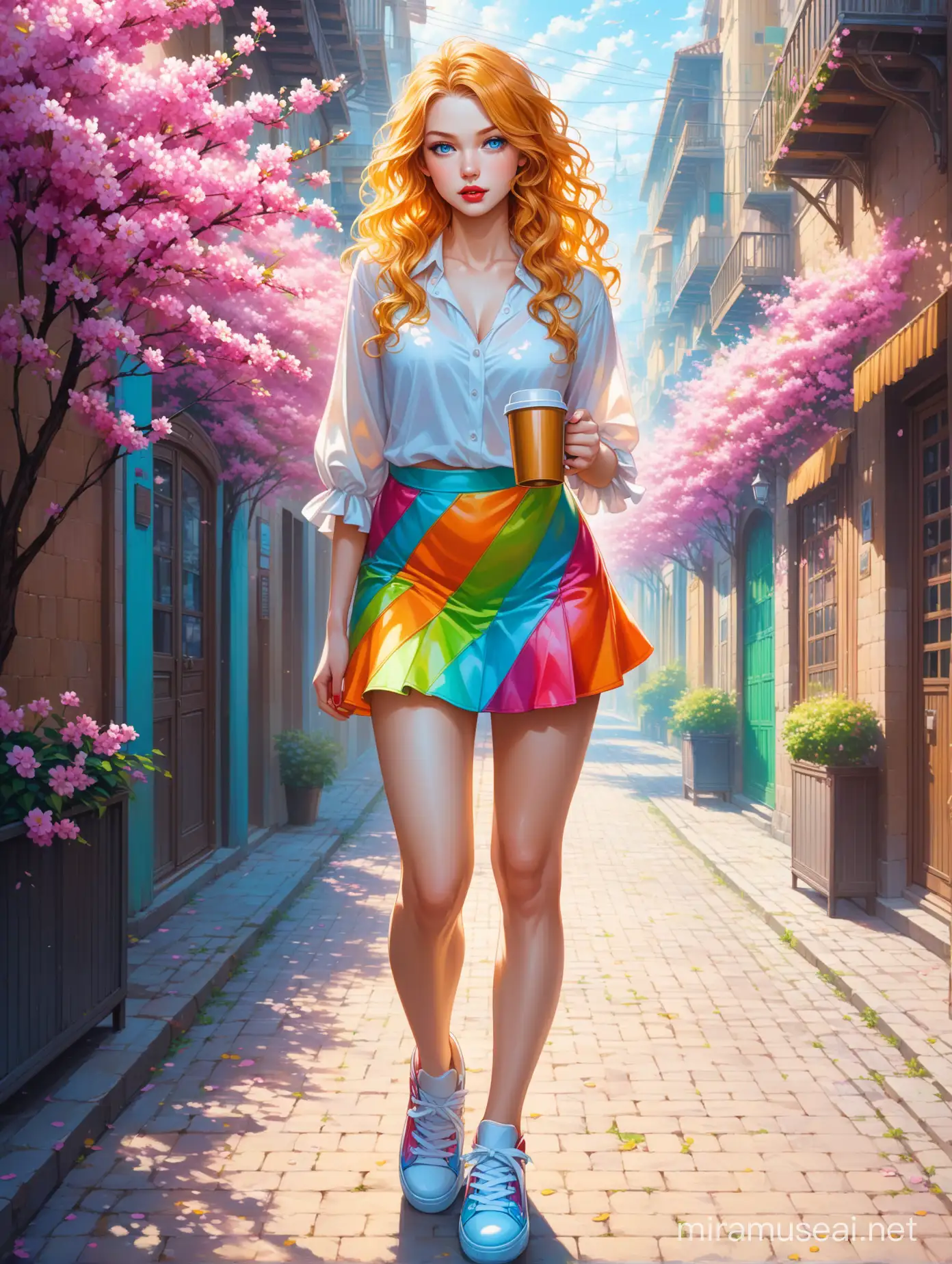 Aivision, strong neon colors, full body of beautiful young women with dramatic expression, prety blue eyes , curly hair, , full red lips, golden hair, She wears a blouse and mini skirt , she wears amazing sneakers in neon colors,full body , she stands in the street anxiously, She holds a cup of coffee in her hand. colorful spring environment ,flowers, image realistic, realistic facial features, Fairy Tail, Extremely detailed , intricate , beautiful , fantastic view , elegant , crispy quality Federico Bebber's expressive, full body, Coordinated colours
