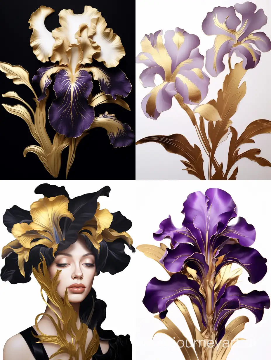 Elegant-Purple-Iris-with-Gold-Leaves-Hyperrealistic-Floral-Art-on-White-Background