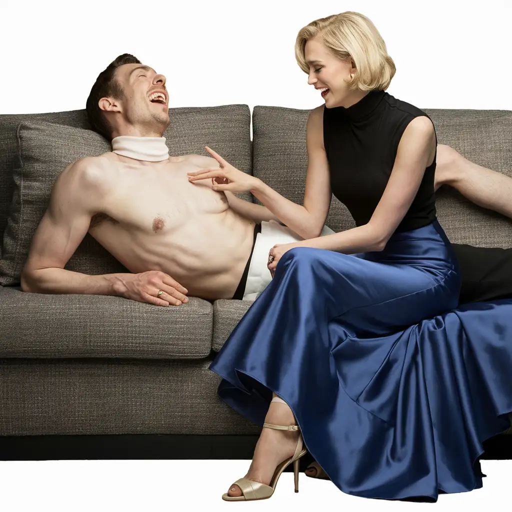 Blonde Woman Smiling and Touching Shirtless Mans Chest on Sofa