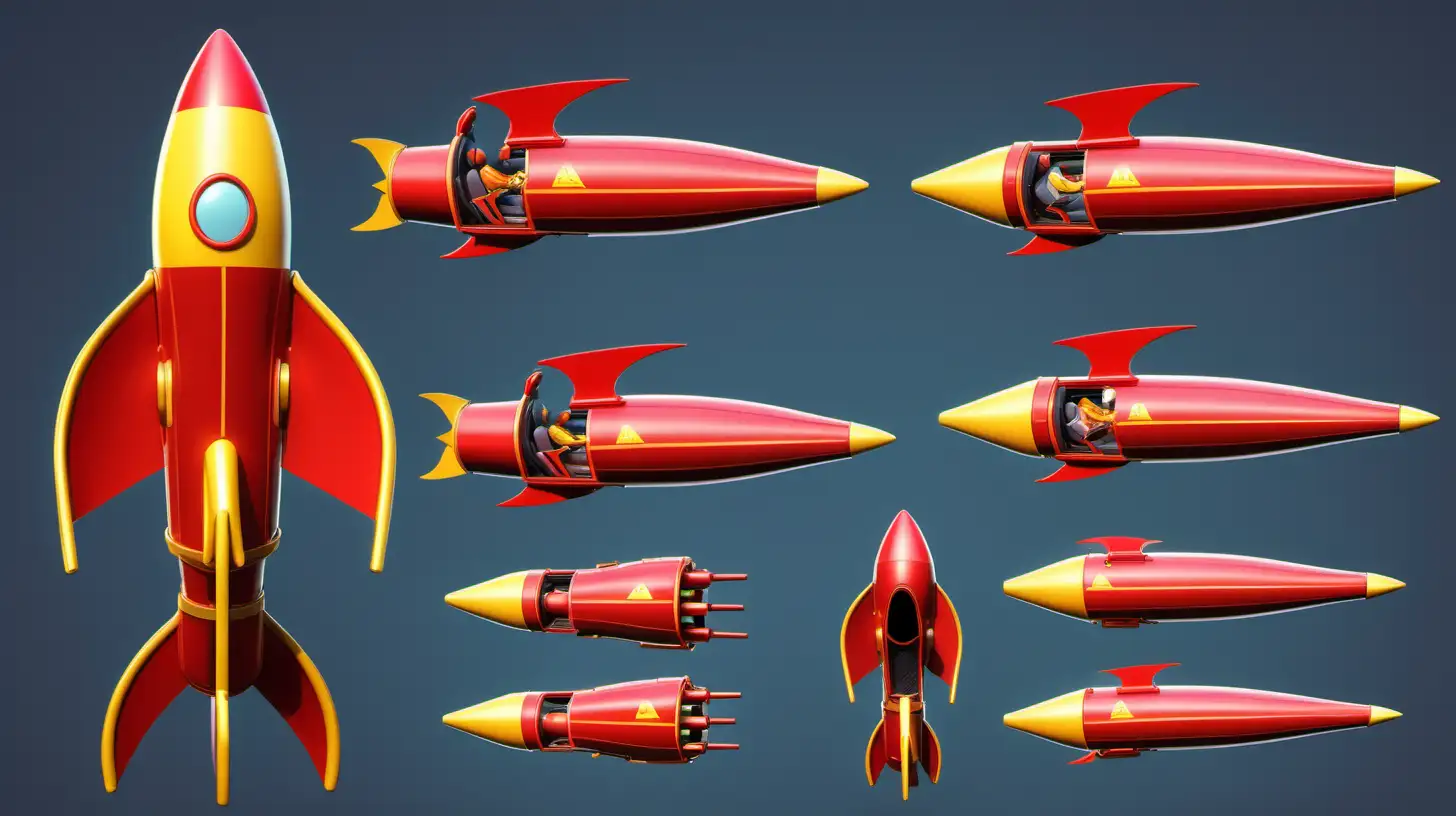 Pixar style, mini roller coaster rocket,cockpit , two passenger, small, multiple angles, all angles, front view ,back view ,side view, top view , character sheet . Red with yellow trim , consistent design  no background