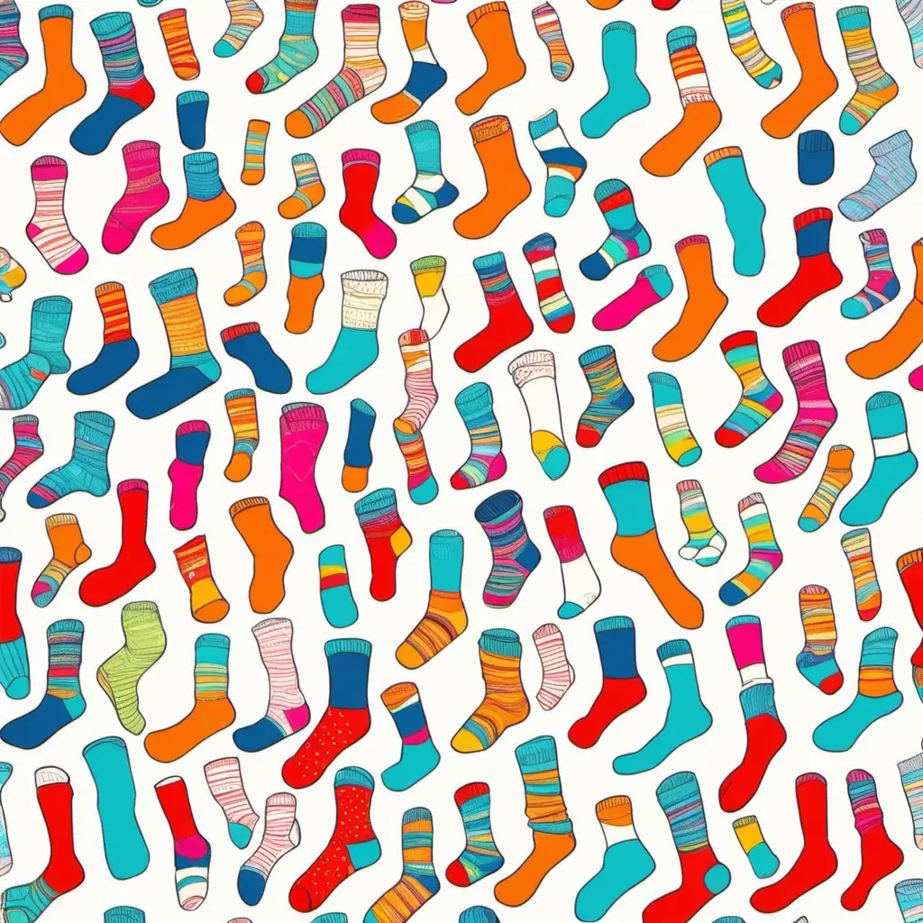 text "LIFE SOCKS" CARTOONISH, white socks, colored socks, various socks are in the air forming a pattern in circle on a white background