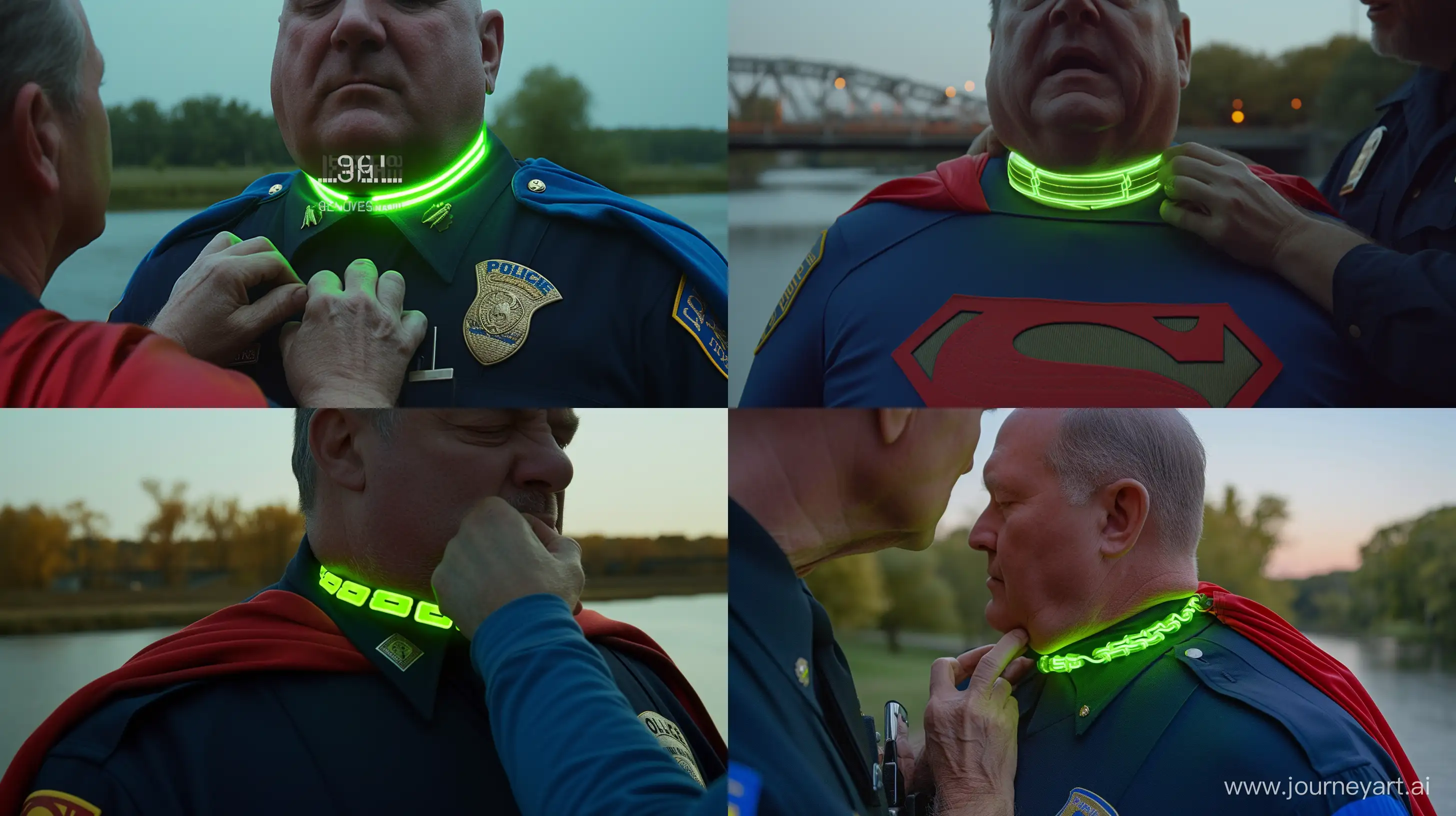 Close-up photo centered on the neck of a fat man aged 60 wearing a navy police uniform. He is tightening a tight green glowing neon dog collar on the nape of a fat man aged 60 wearing a tight blue 1978 smooth superman costume with a red cape. Outside. River. --style raw --ar 16:9
