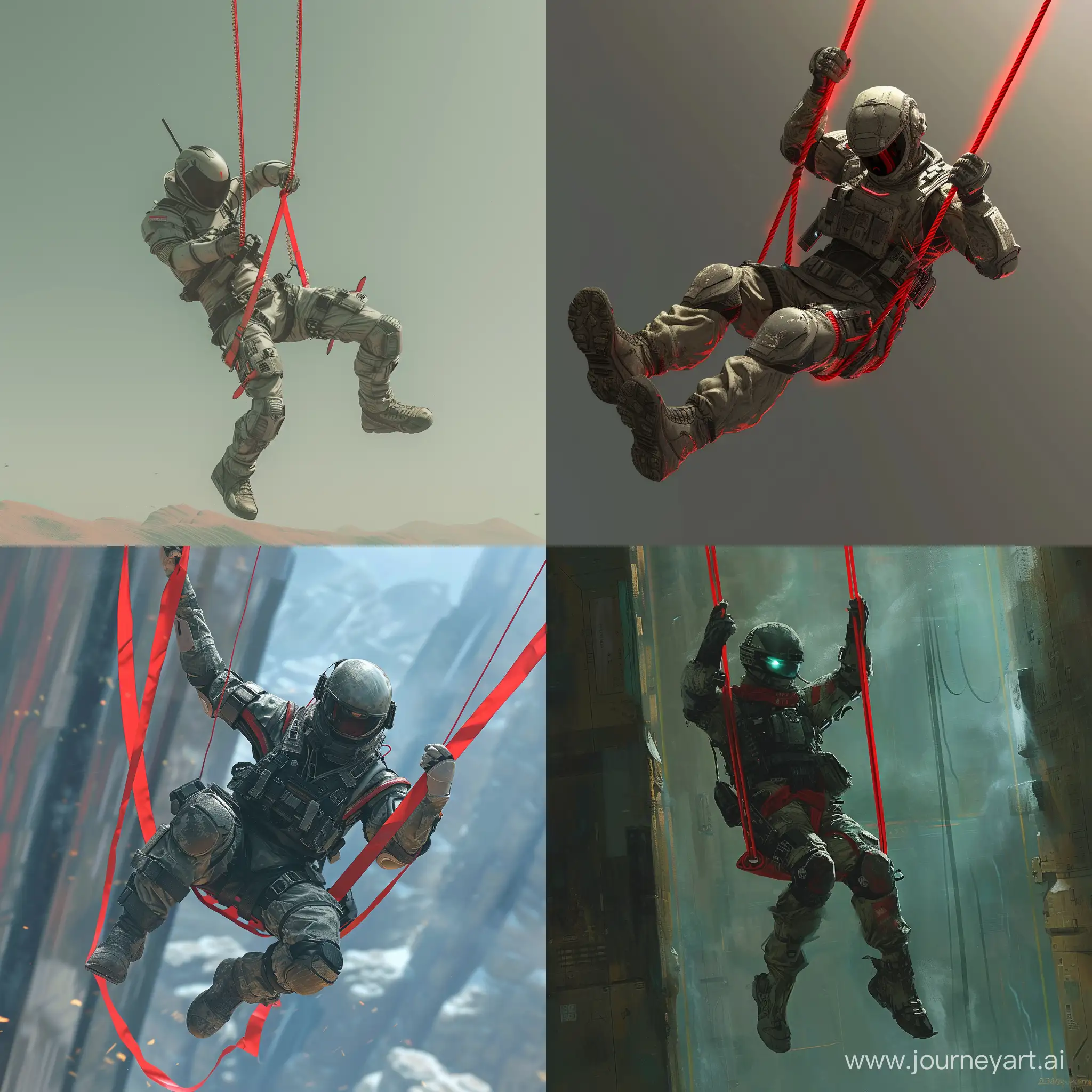 Futuristic-Soldier-Performs-Aerial-Acrobatics-on-Red-Swing