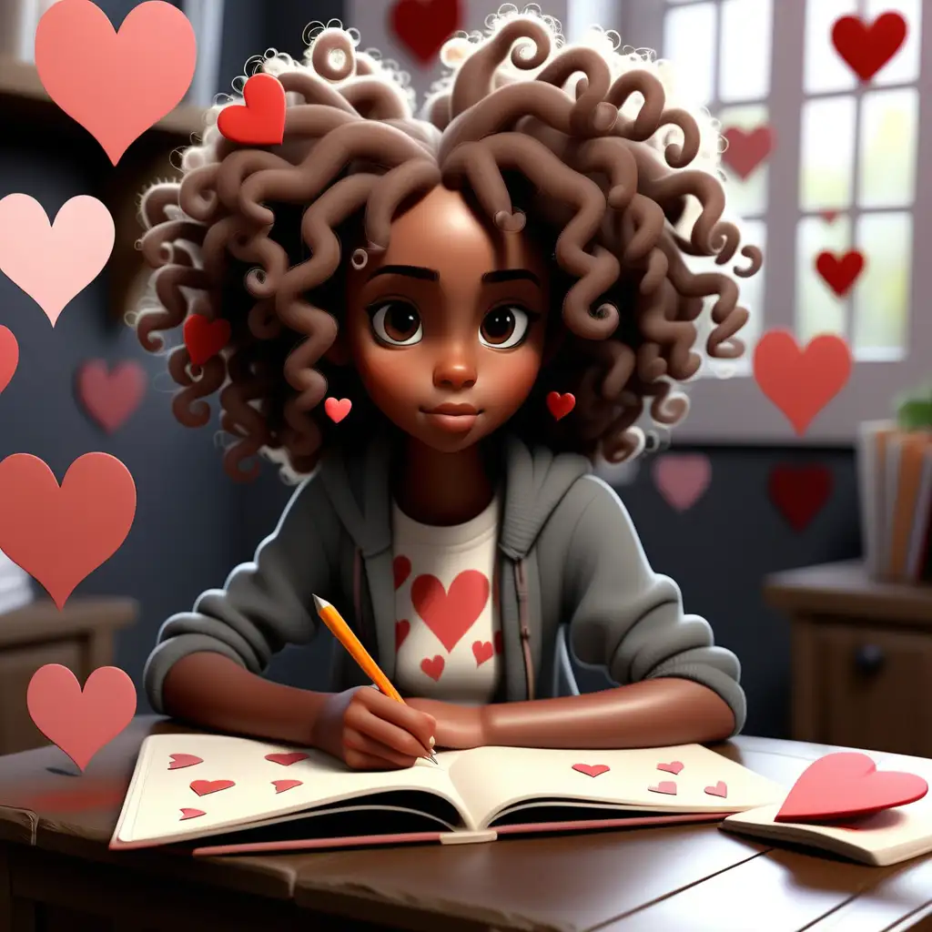 beautiful young black girl with natural curly hair writing in her journal with hearts in the background
