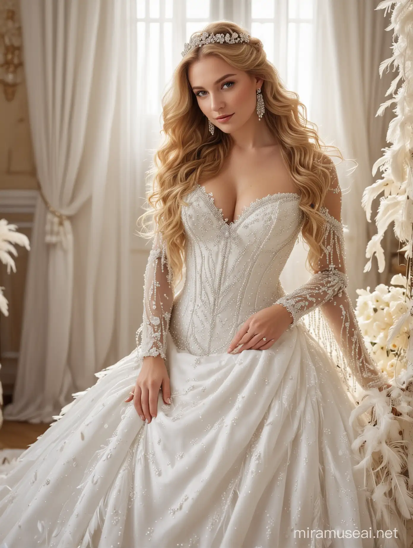 A girl with long golden hair and a curvaceous body in a long wedding dress, full of pearls on the sleeves, small feathers on the sleeves and large pearls on the bottom of the wedding dress, long feathers, bare chest.