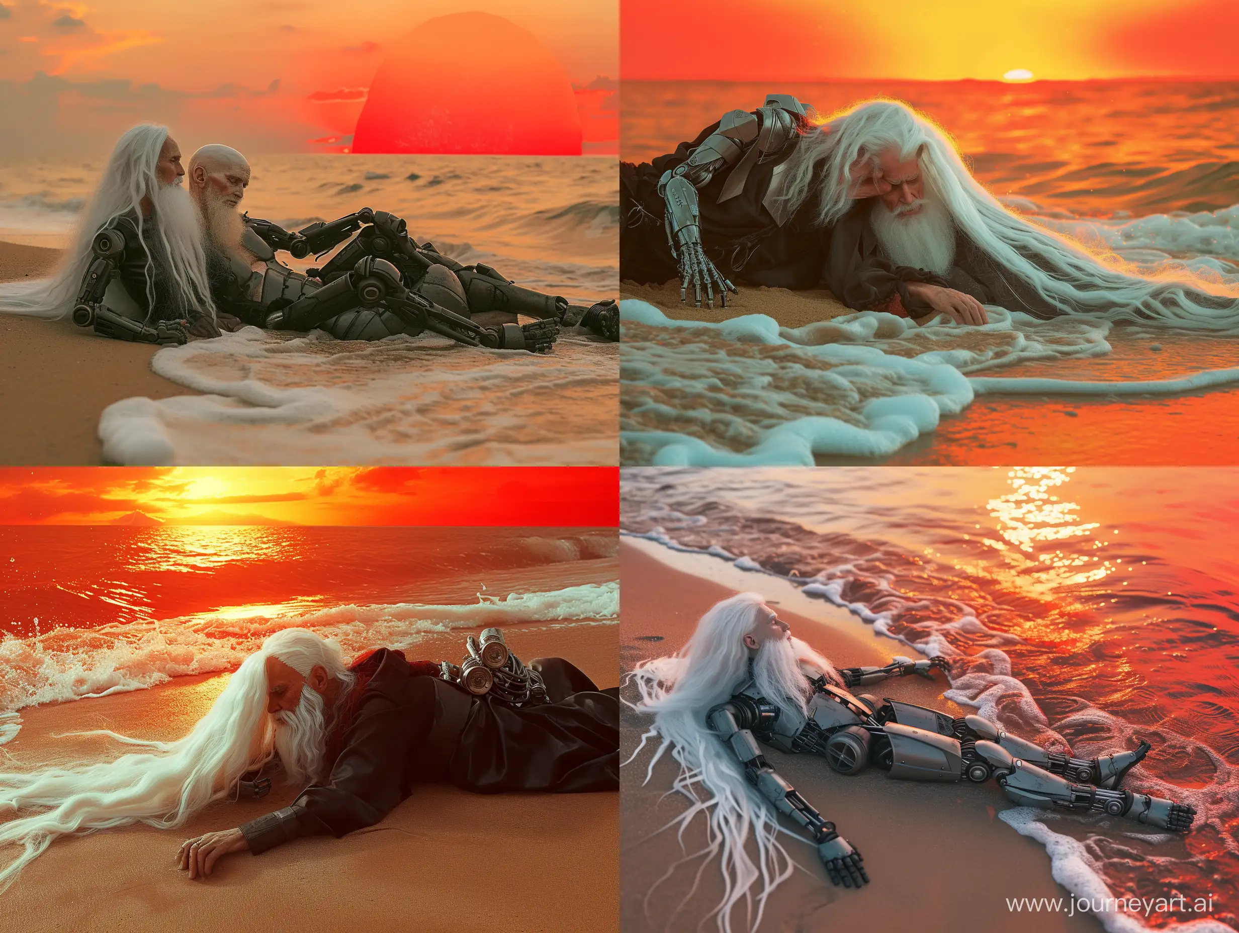 high resolution monet an old man and a robot with long white hair lying on the sandy shore of a sea red sunset waves washing over him cinematic stills absurd