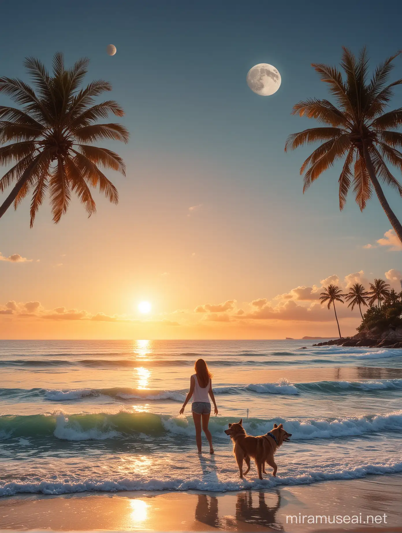 идилична картина, двойка, море , 2 планети големи, слънце, куче, палма, луна