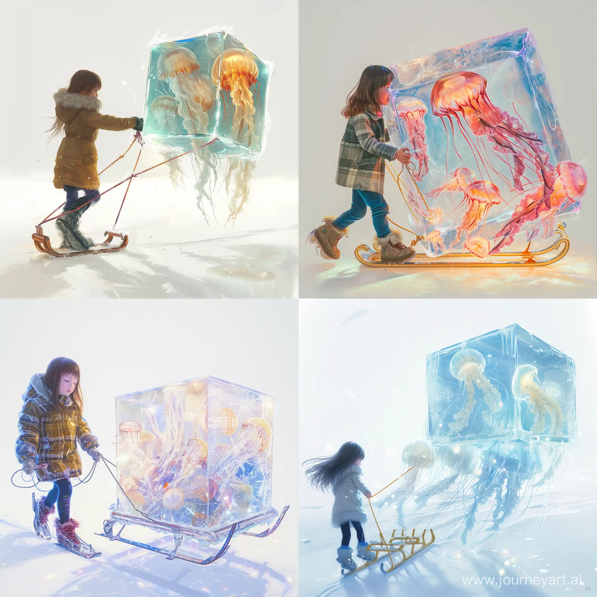 девочке 12 лет. она тащит на санках большой стеклянный куб, в который вморожена медузы. все светится, переливается. мир прозрачный. фон белый. живопись
