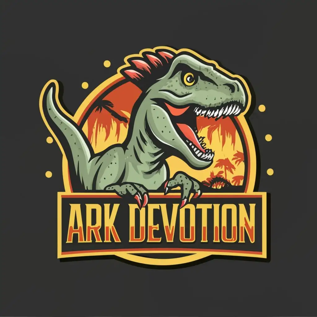 logo, A dinosaur, with the text "ARK DEVOTION", typography, be used in Entertainment industry