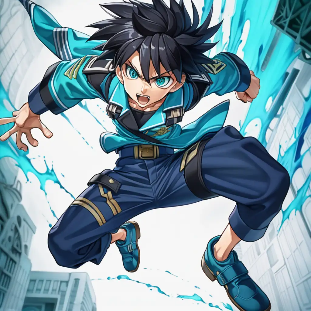 anime boy, tall, determined expression, sharp eyes, intimidating, navy hair, wild hair, full body, claws, cyan theme, overhead strike, leaping attack, view from below