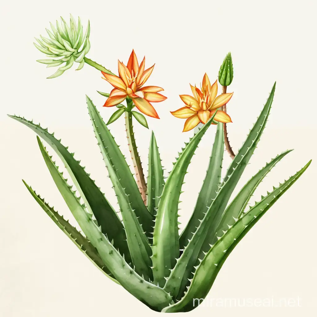 ilustracion botanica 
planta sabila con flor 
