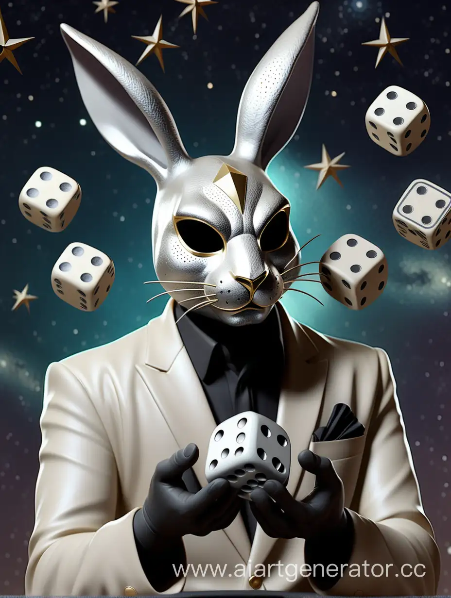 Богатый человек в маске серебристого кролика держит игральные кости на фоне звезд