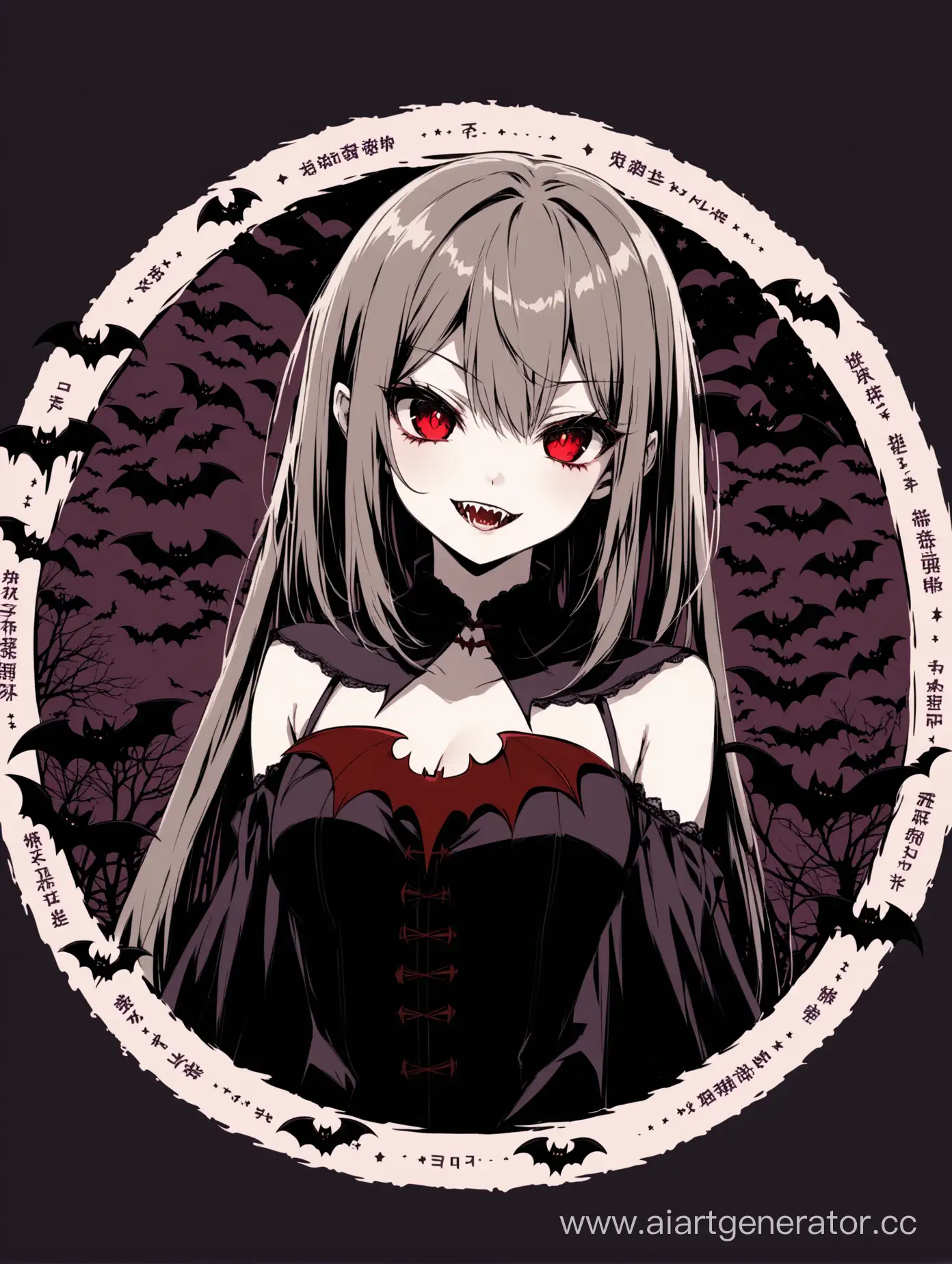 Anime vampire girl, dark tones, bats in the background, circle the girl and the inscription with an outline, in the middle of VV83