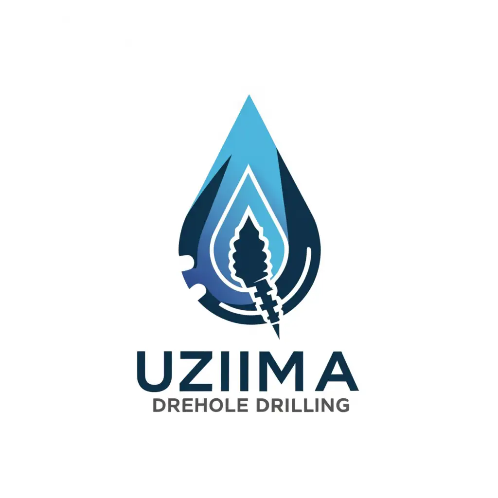 a logo design,with the text "UZIMA BOREHOLE DRILLING COMPANY", main symbol:WATER DROPLET BOREHOLE DRILLING,complex,clear background