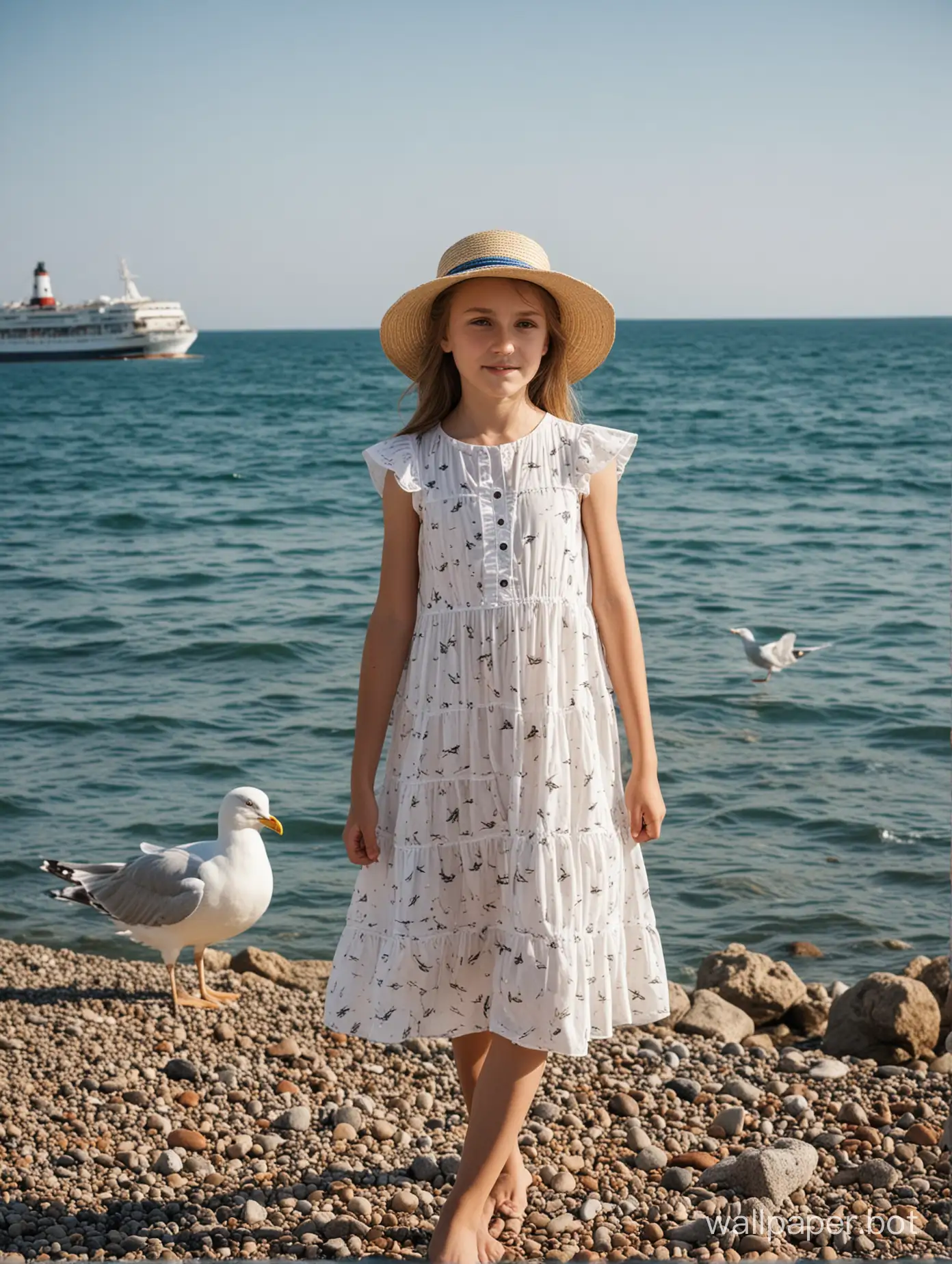 Black Sea, Crimea, 11-year-old girl in a summer dress and hat, in full height, ship in the distance, seagull, transparent dress
