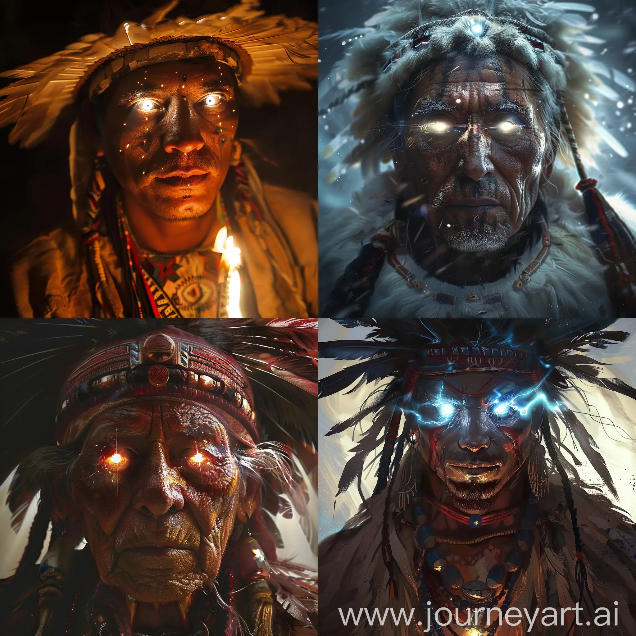 A male shaman whose eyes emit light