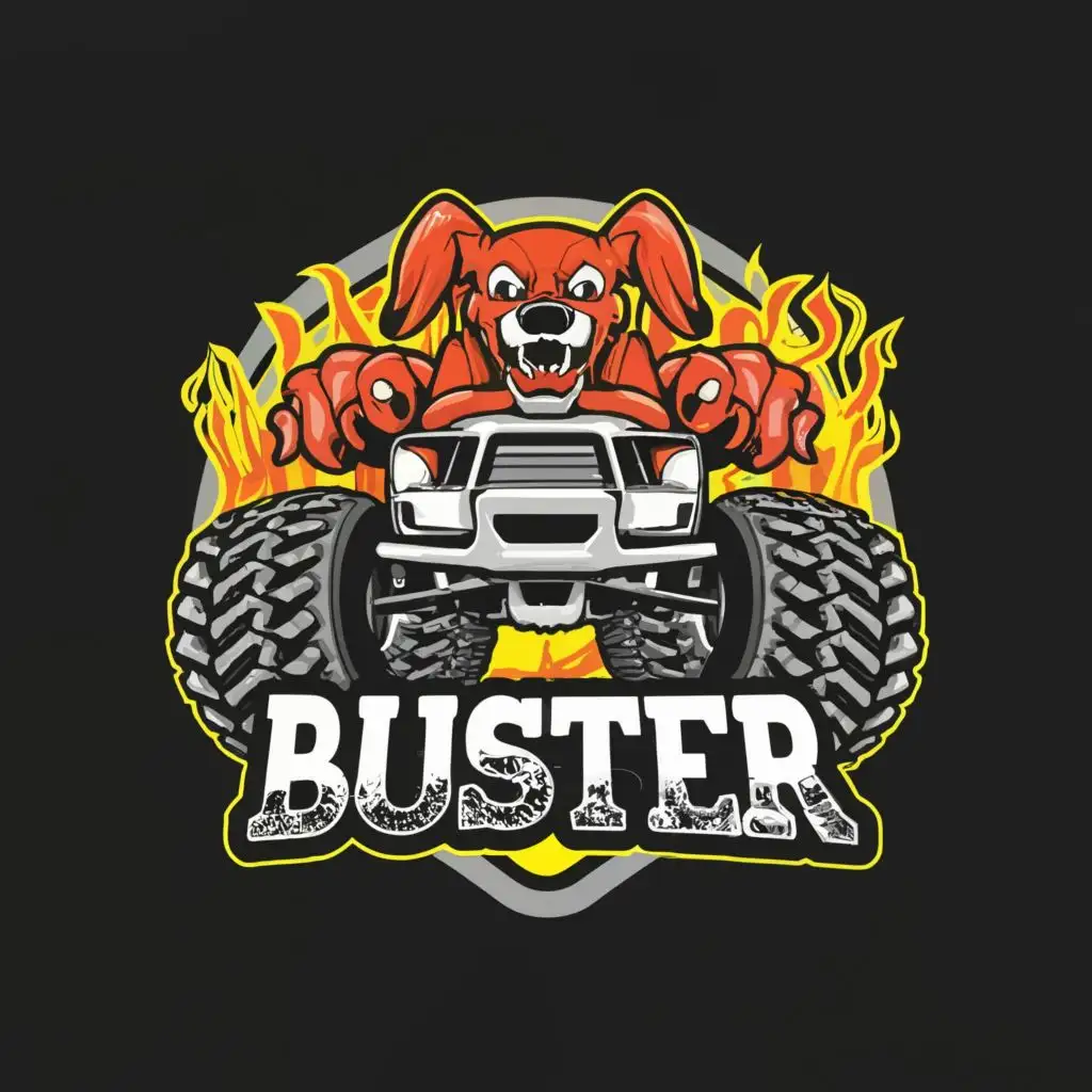 a logo design,with the text "Buster", main symbol:monster truck with a dog front angry,complex,be used in Automotive industry,clear background