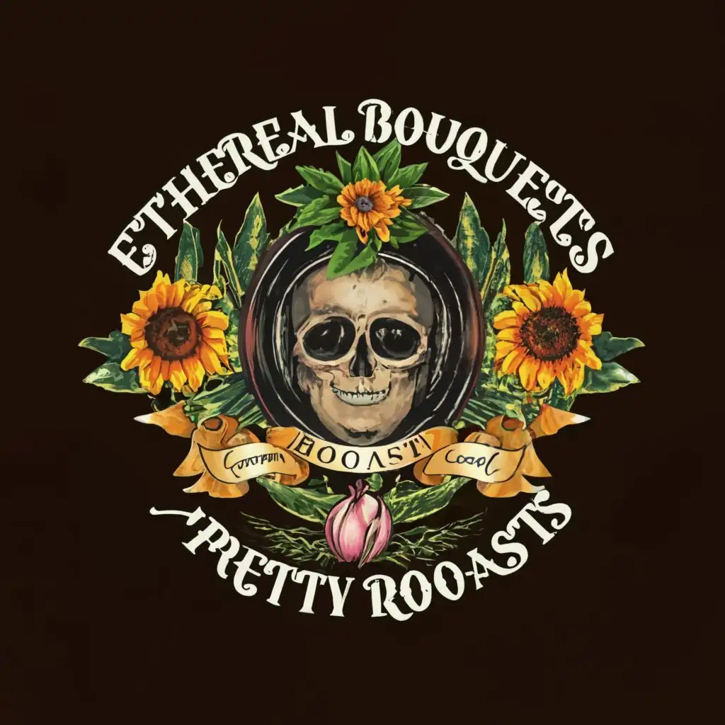 logo, Beautiful coffee bean with eyelashes, old English cursive, sunflowers, black roses, black-tulips, a skull in the center, with the text "Ethereal Bouquets X Pretty Roasts", typography, be used in Restaurant industry