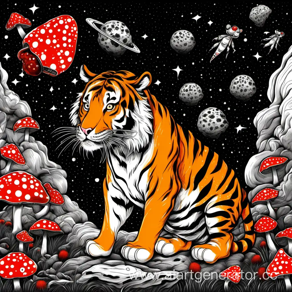 The tiger eats the panther fly agaric in space