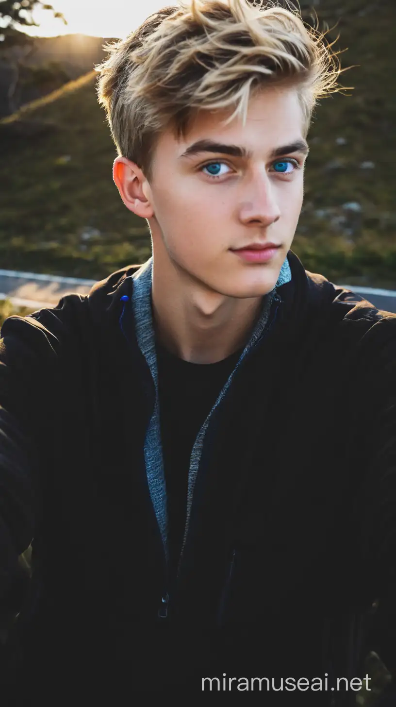 Chico de 17 años 
pelo rubio con un alborotado ojos de cazador con ojos azules marinos y un tono de piel blanco  ,en un paisaje  selfie
