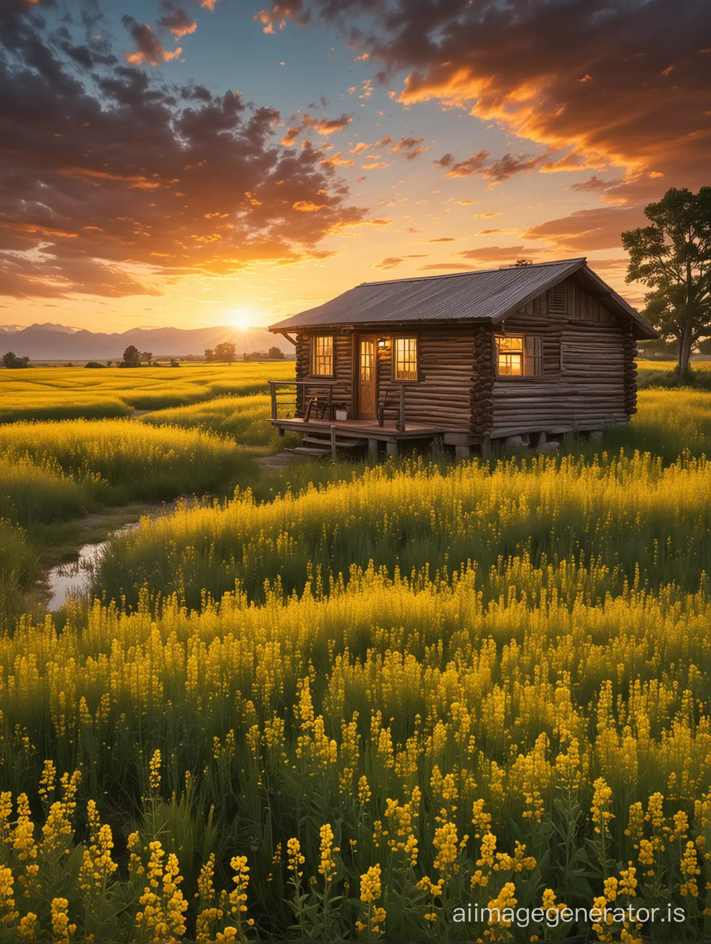 This prompt creates a cozy, tranquil scene with a small cabin nestled in vivid yellow canola blooms. The golden hour lighting and sunset sky colors infuse the image with warmth. It conveys themes of peace, solitude, and living in harmony with nature.