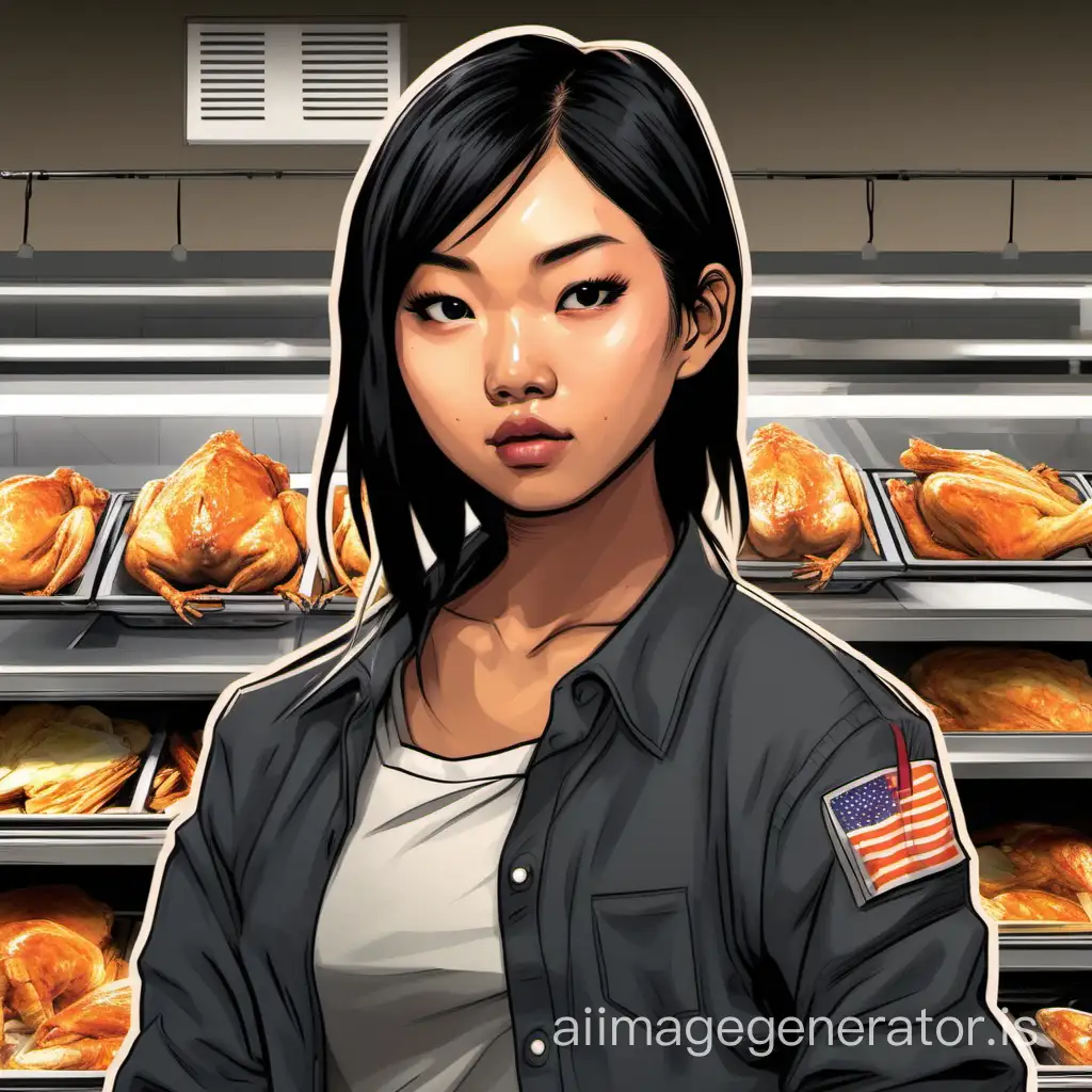 cool shorted haired asian girl named Renee who is fighting with someone over a warm rotisserie chicken at Walmart