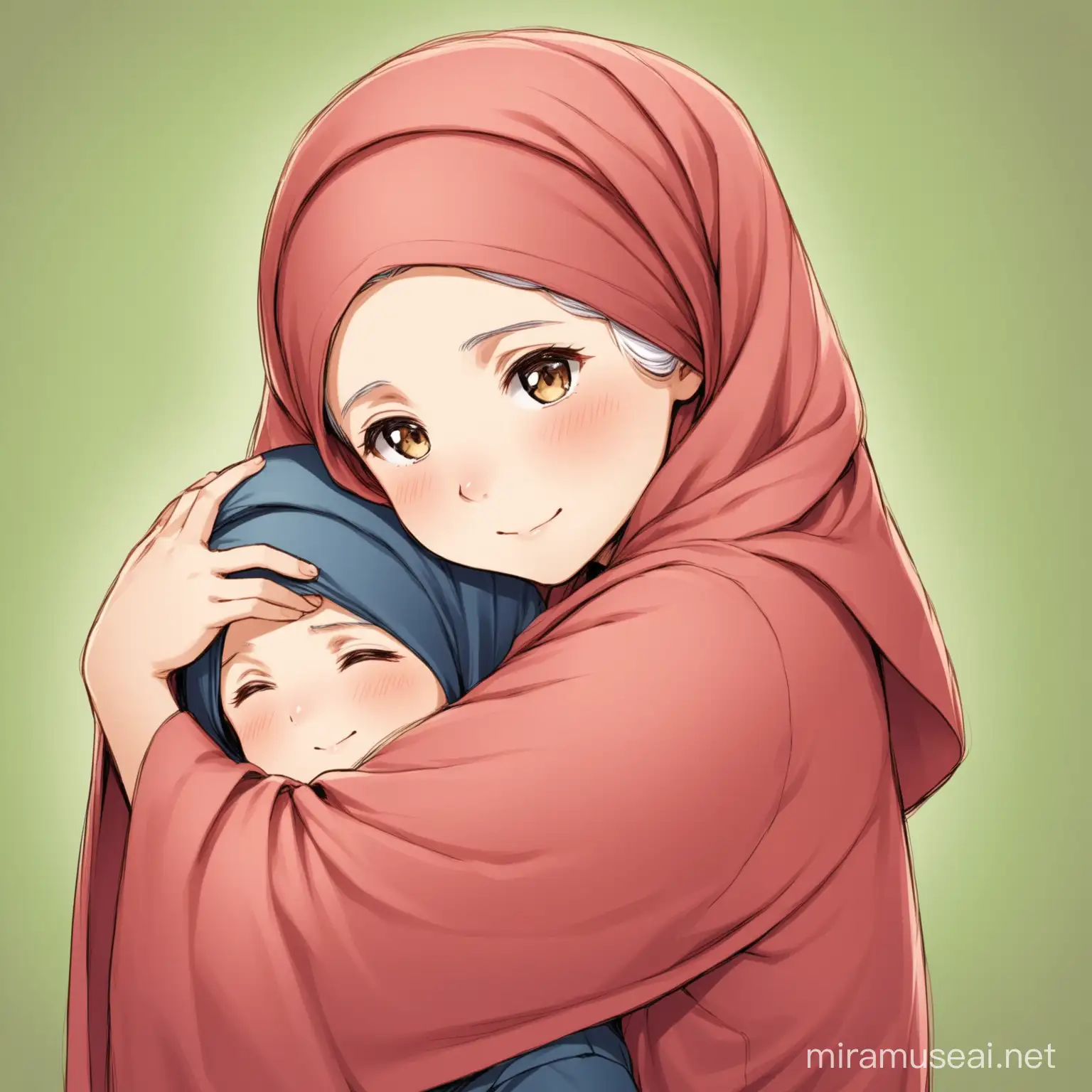Girl Hiding with Headscarf Embraces Grandmother