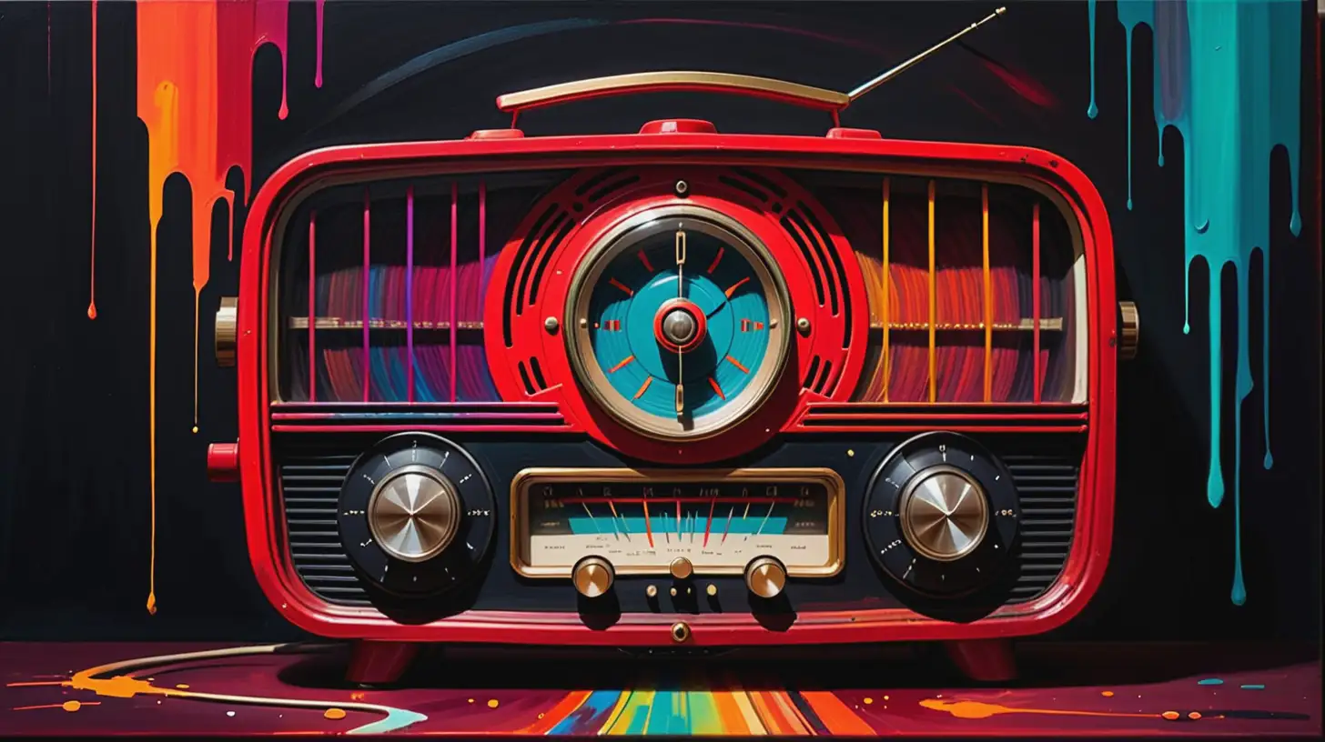 Abstract painting of a red old time radio  against a dark background, streaks of vibrant colors.