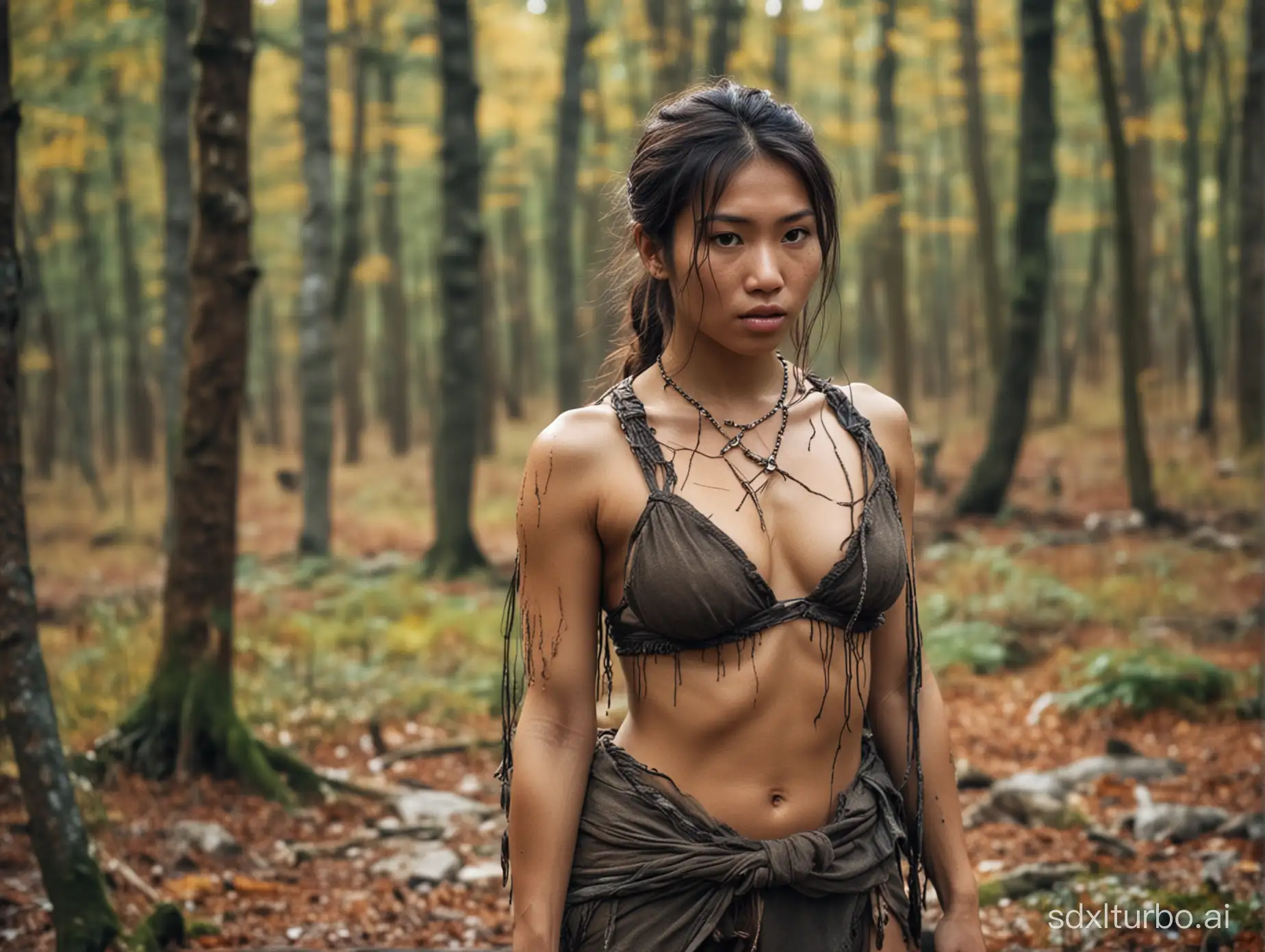 Young Neanderthal Asian woman in the forest. revealing, sexy clothes. Messy look