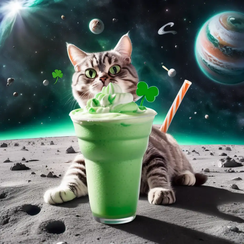 a cat with a shamrock shake in space