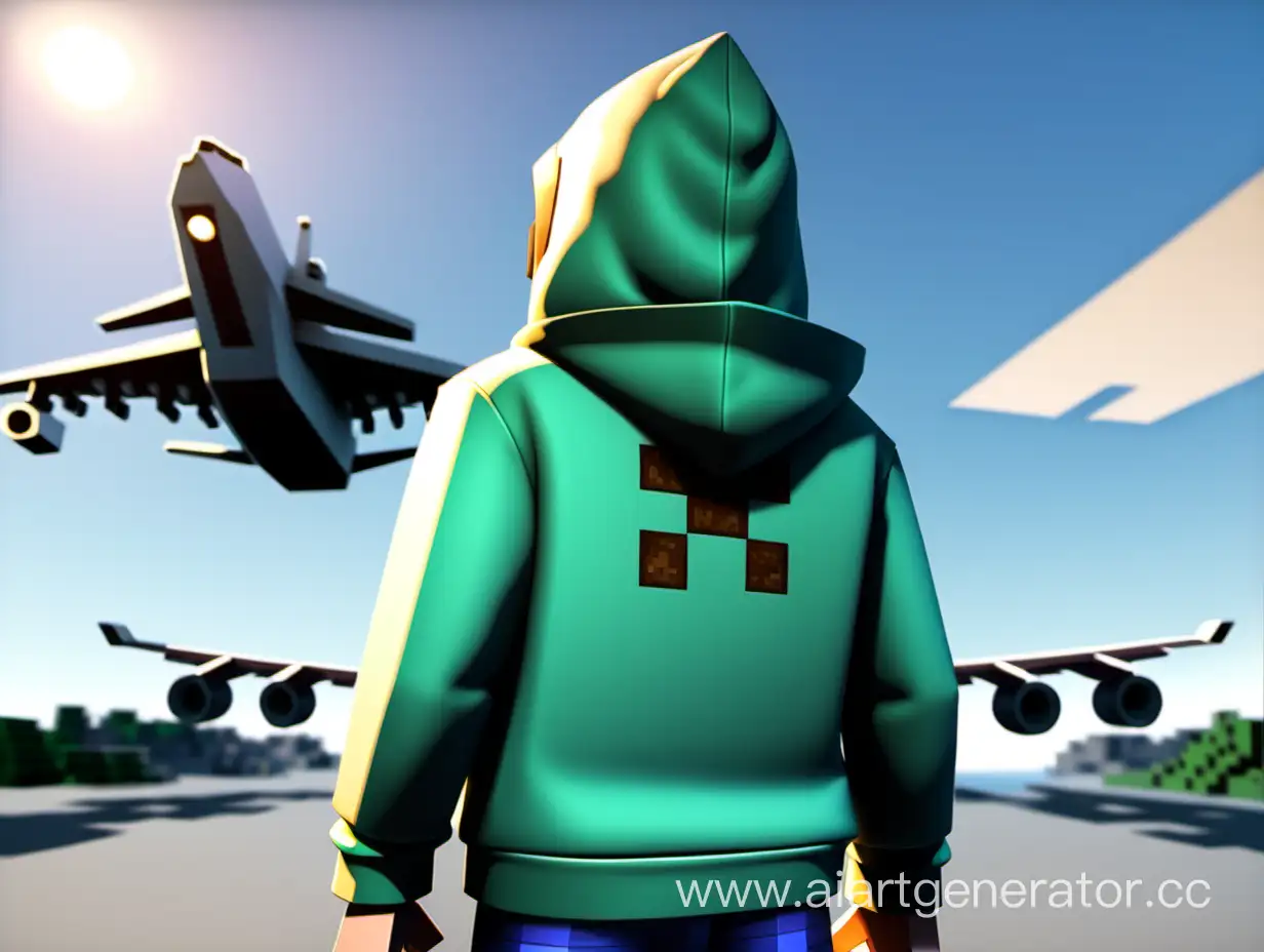 Minecraft-Character-Steve-Wearing-Hoodie-Stands-by-Airplane