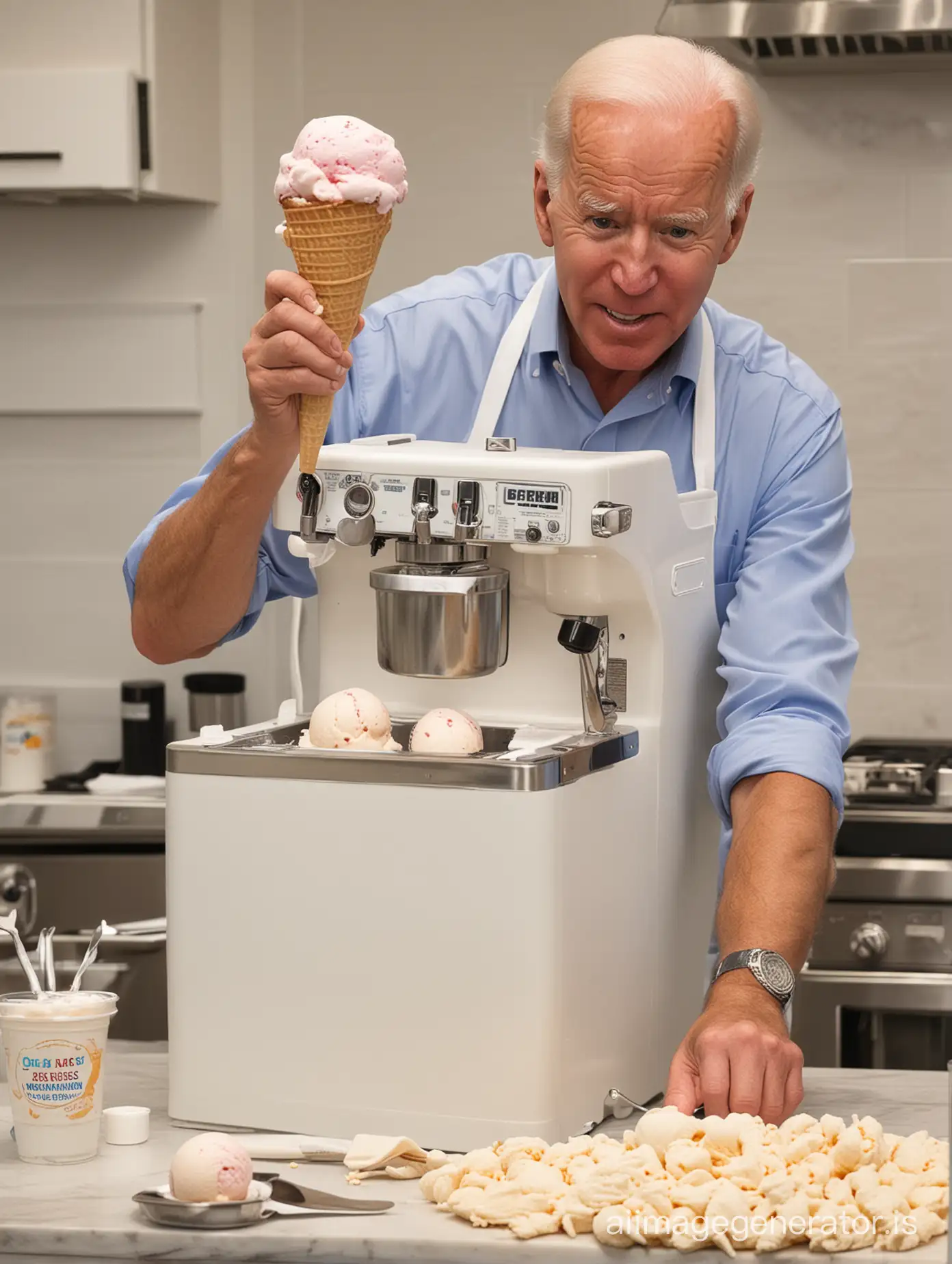 Joe Biden with apron making ice cream with a ice cream machine