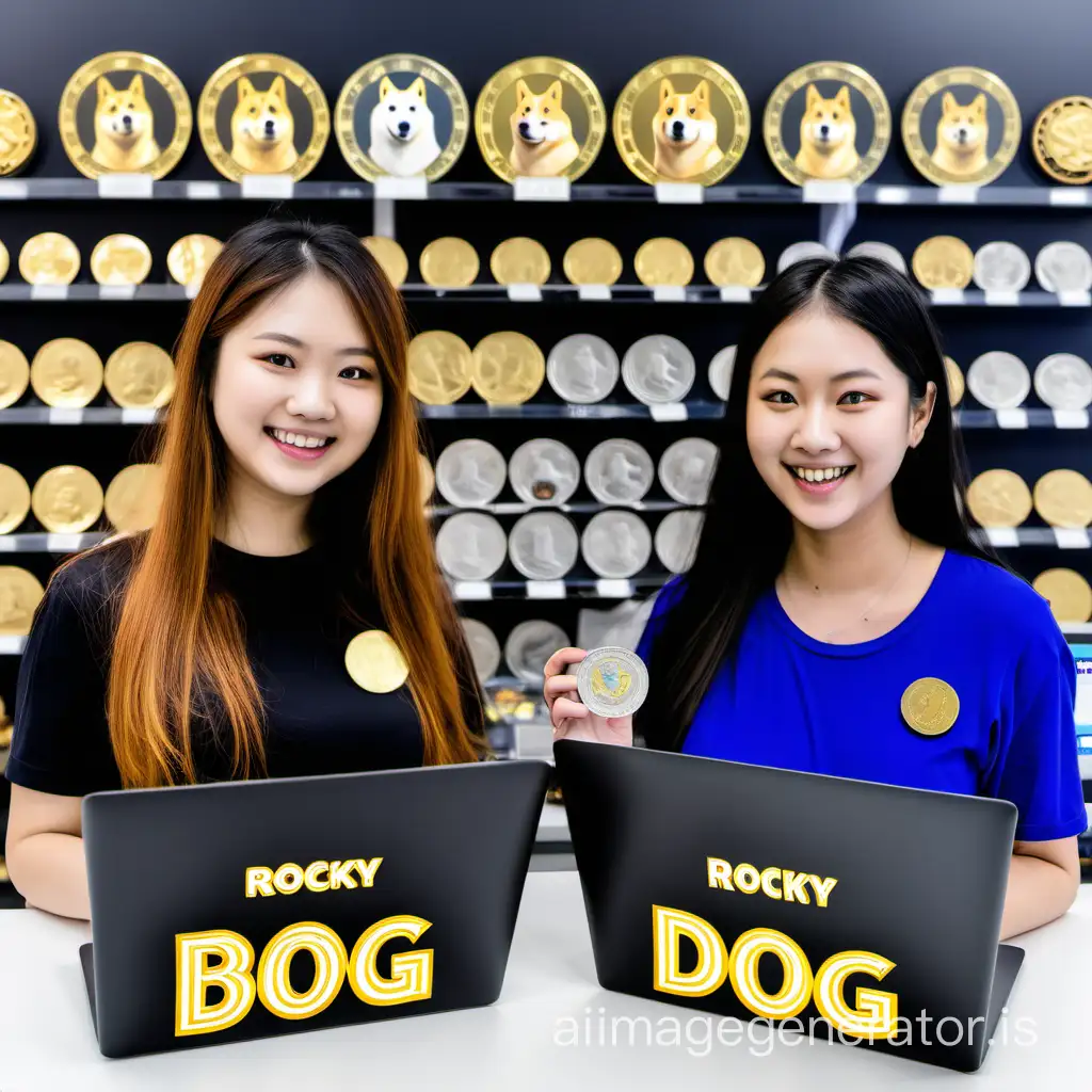 Two ladies in a store holding laptops displaying Rocky Doge Coins
