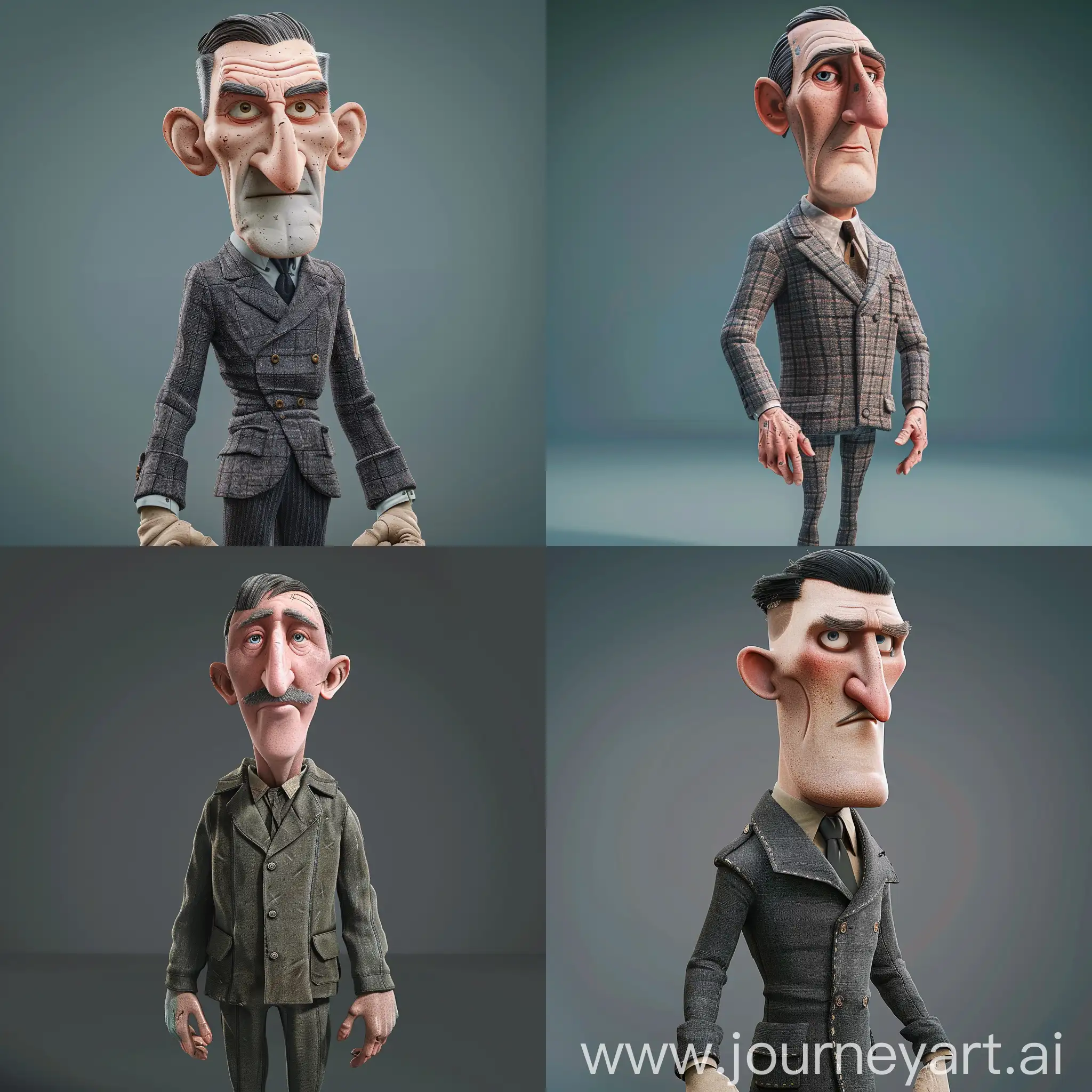 3d cartoon character of a 40 years old (british) man from early 1900, caricature style, working class, medium height, short slick back hairstyle, grizzle, slightly flattened nose, thick upper lip thin pleasing stubbly face, square face edges, big hand, thin arms, square shoulders, sloopy used textile suit, safecracker, cheerful, prison-experienced, traveler, bum, pub fighter, 3d cartoon character, unreal engine, octane render, polycount, physically based rendering, cartoon texture, 4k, 8k, hdr, high definition, high quality, soft natural lighting, dramatic lighting, cinematic lighting, Mad Magazine, caricature style, grotesque, tone mapped, cinematic colors