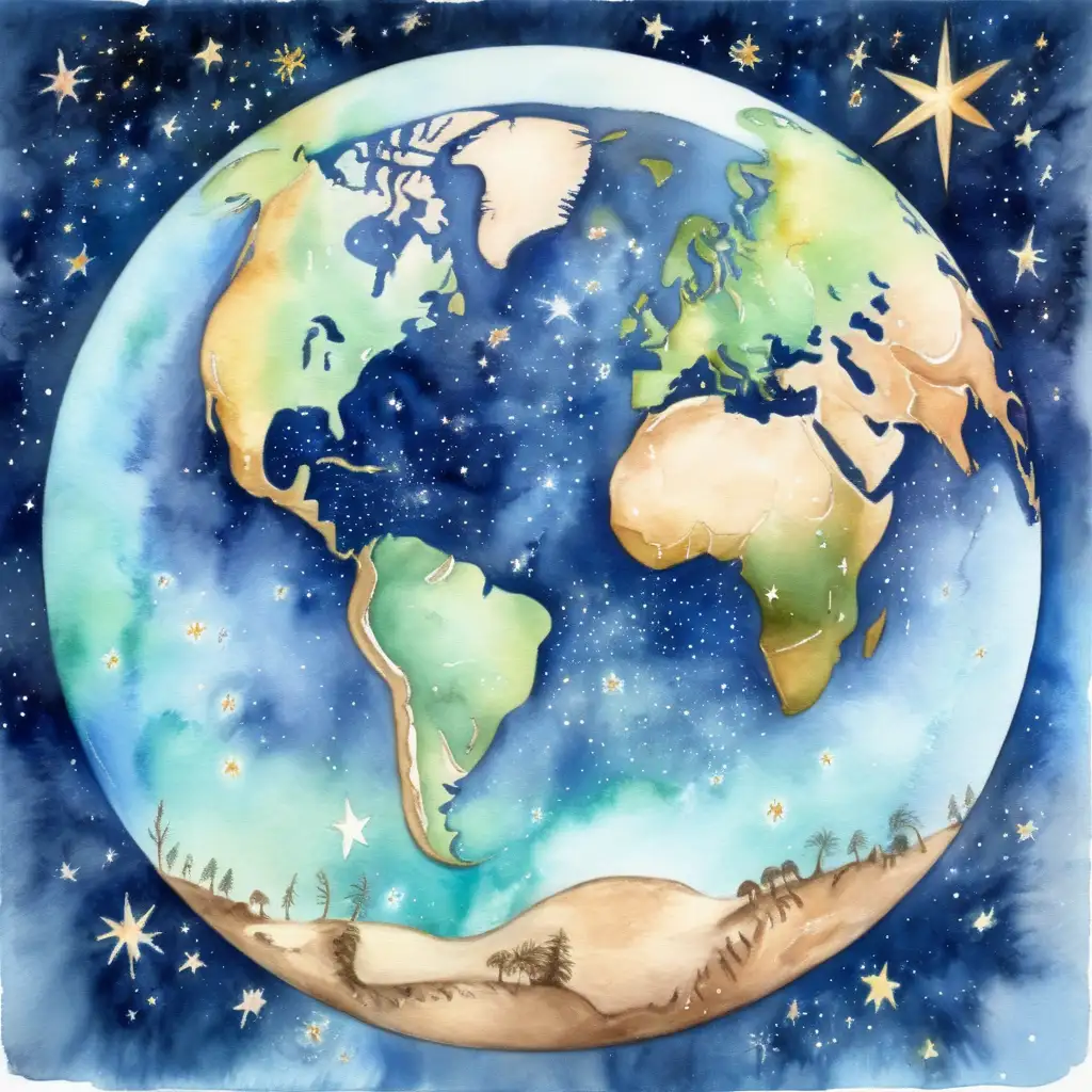 Earth and Continents Painting with Starry Watercolor Sky