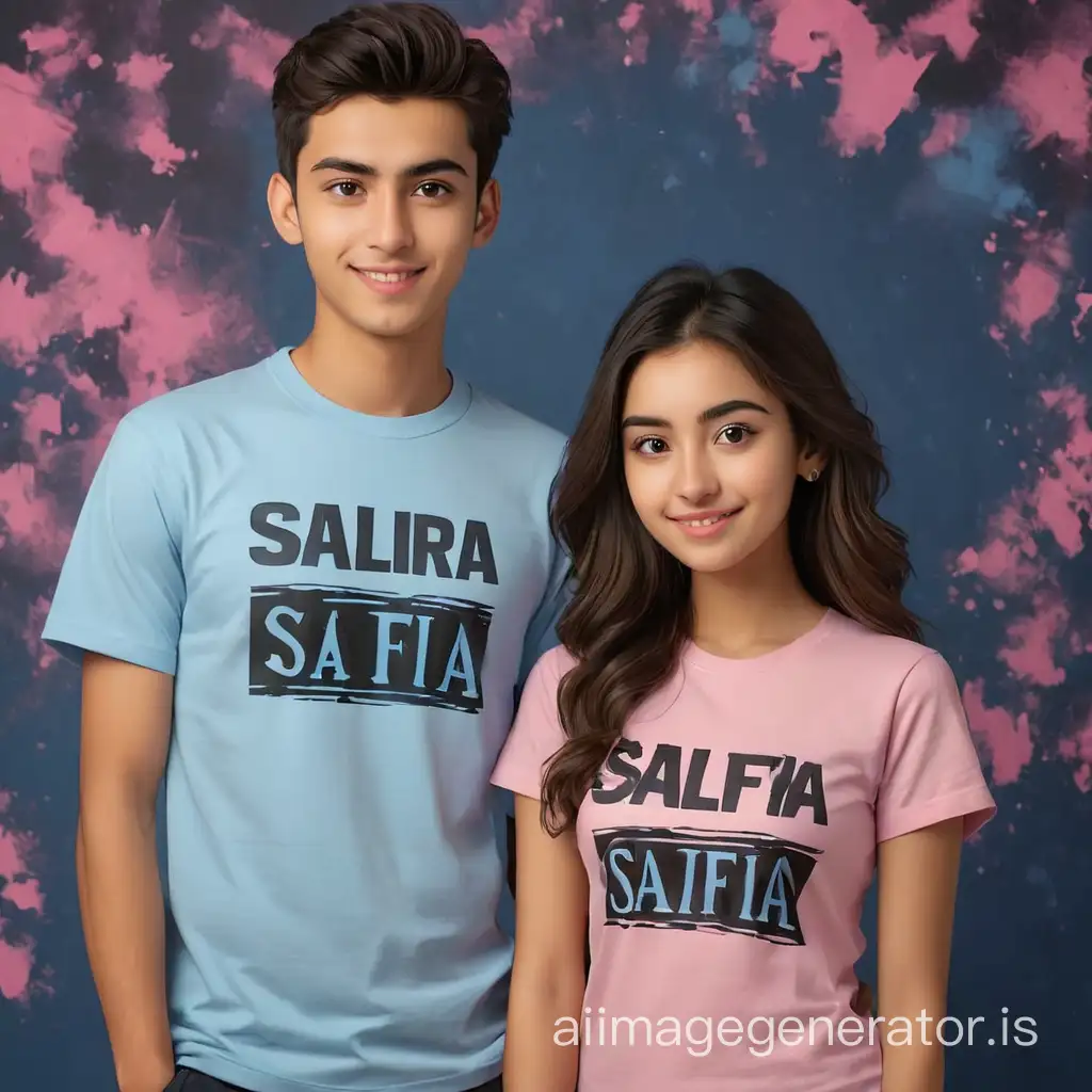 A 18 years old cute couple with with t shirts and with name "Salfia " on both t shirts with black letters with beautiful background in pink and blue colour