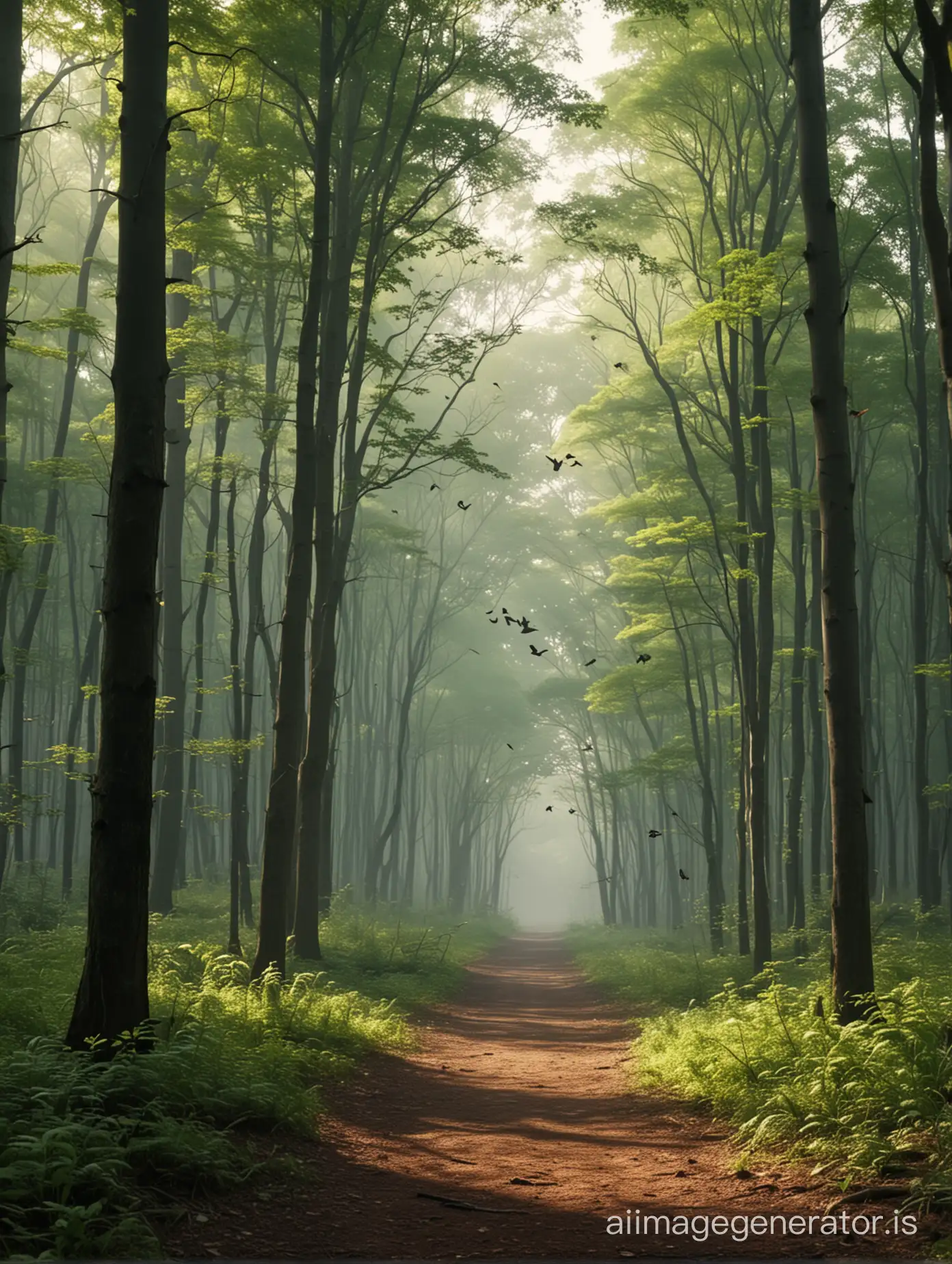 Opening shot of a serene forest with birds chirping