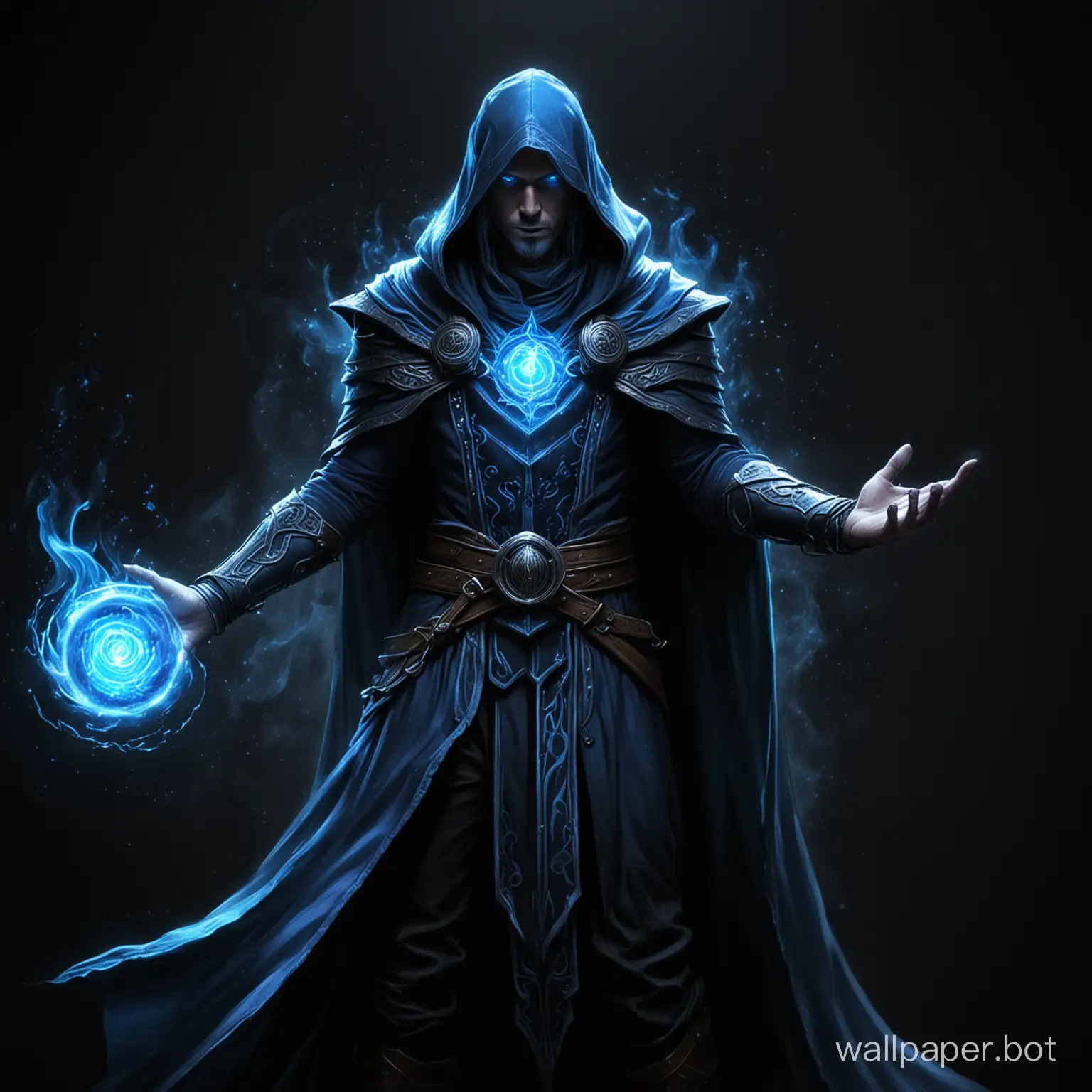 Draw a fantasy mage who has a blue aura on a black background.