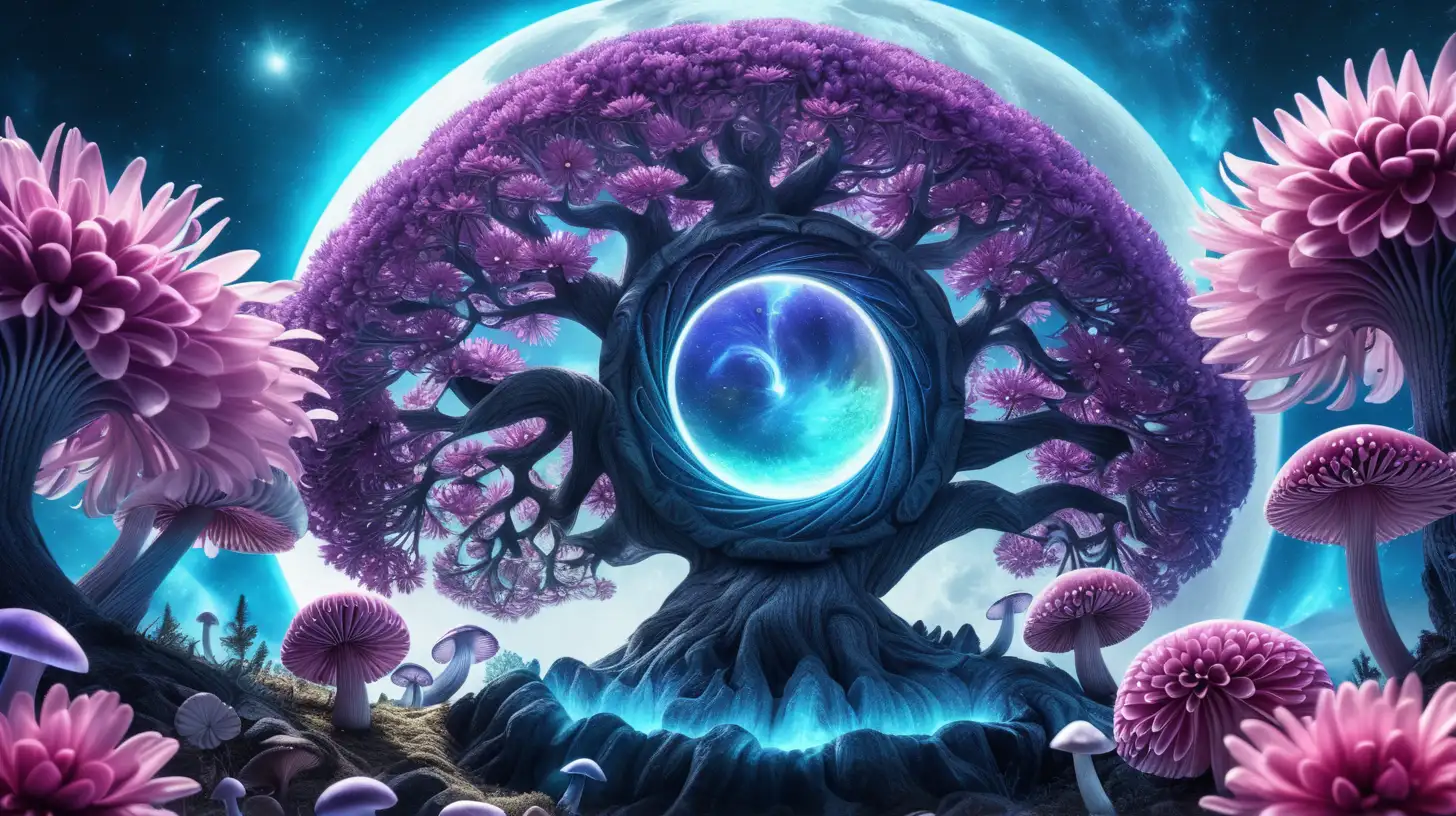 Big Blue-black sun during a solar eclipse, in the sky, fantasy, 8k, Magical fairytale. Glowing chrysanthemum and mushrooms with a seashell-portal. Bright Blue. Purple. Pink. Green. Magical Fairytale trees.