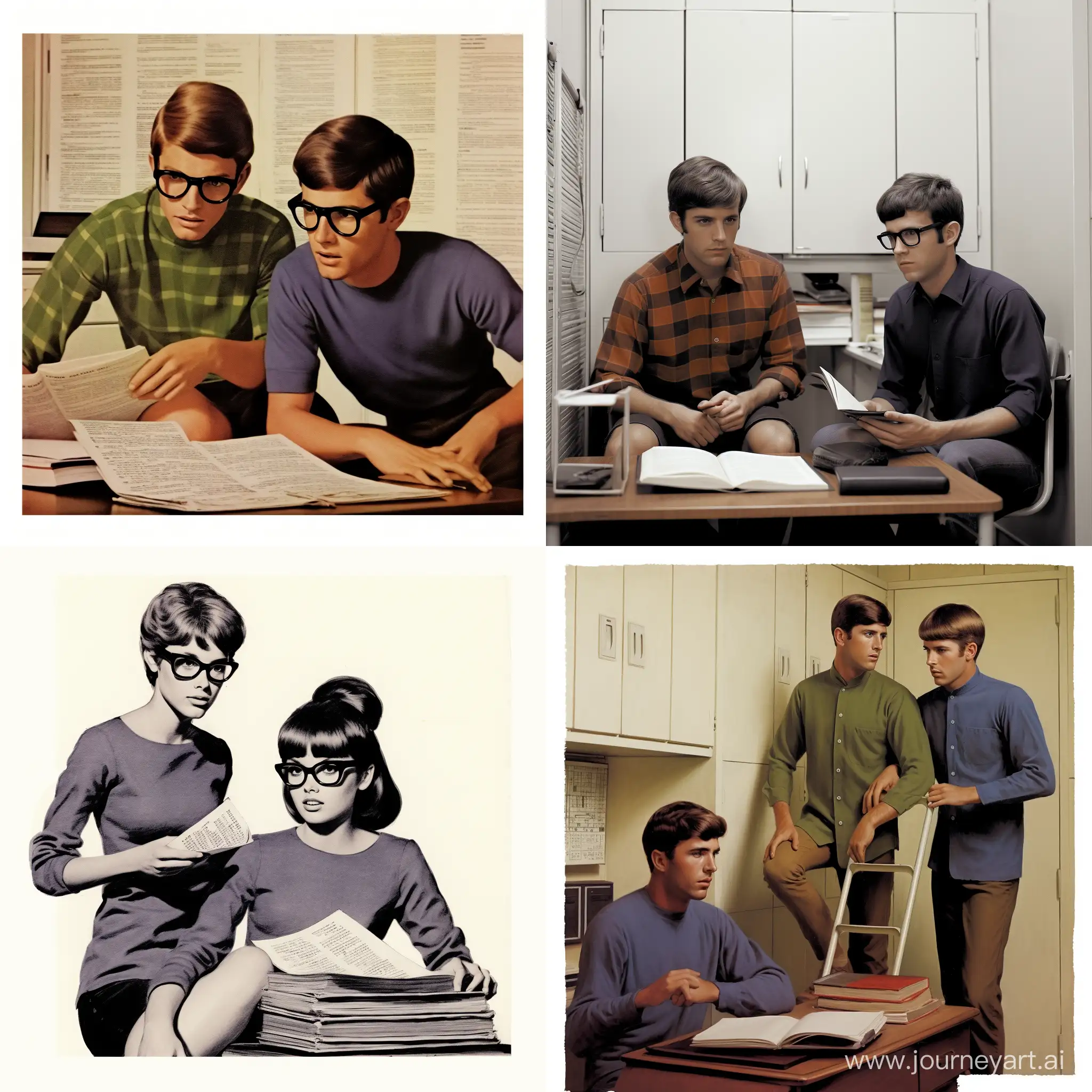 Two male college students studying in their dorm room in the 1960s?