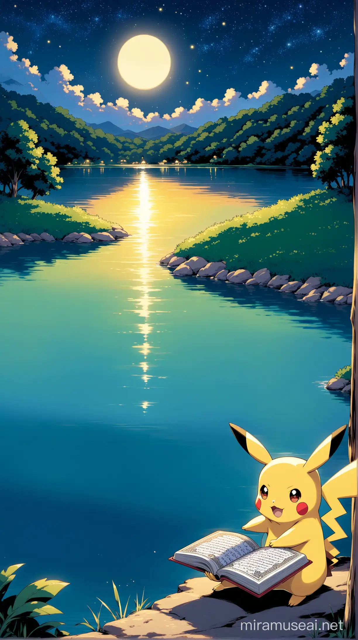 
Pikachu reads the Quran next to a lake at night