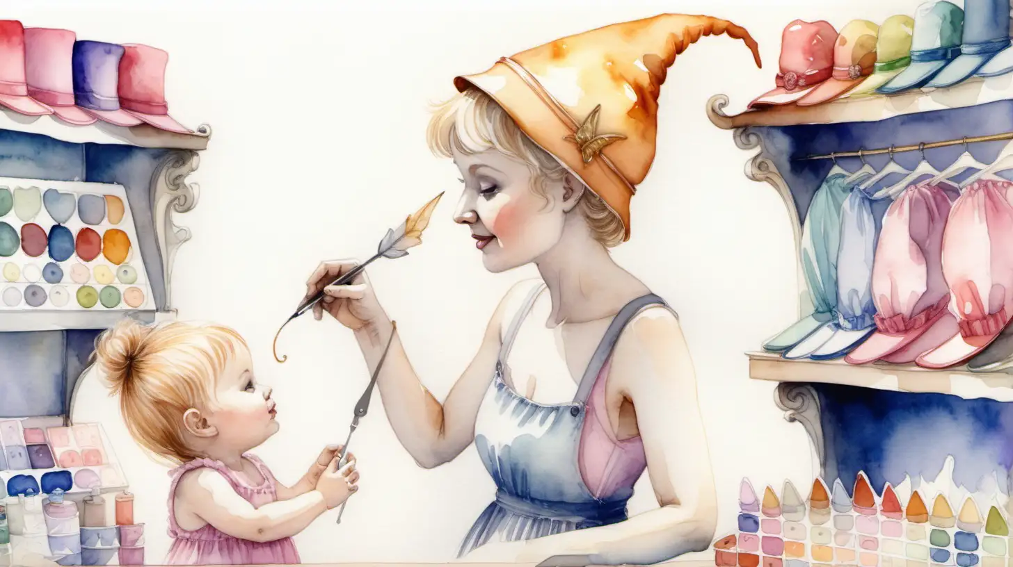 A watercolour painting in a fairyland hat shop. A pixie hatmaker measures a darkblond baby girl for a hat








