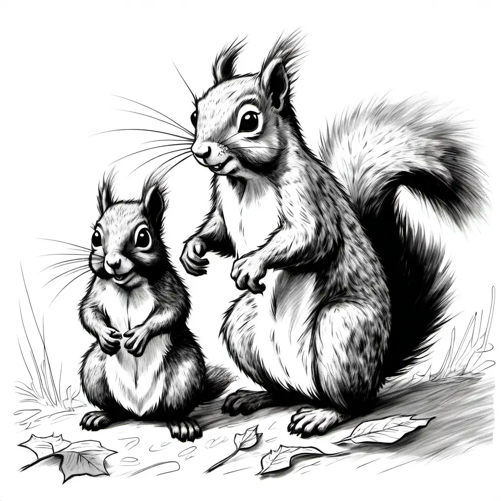Two squirrels, children’s book illustration, rough scribbled style, black and white, Hairy Maclary, white background, f5.6